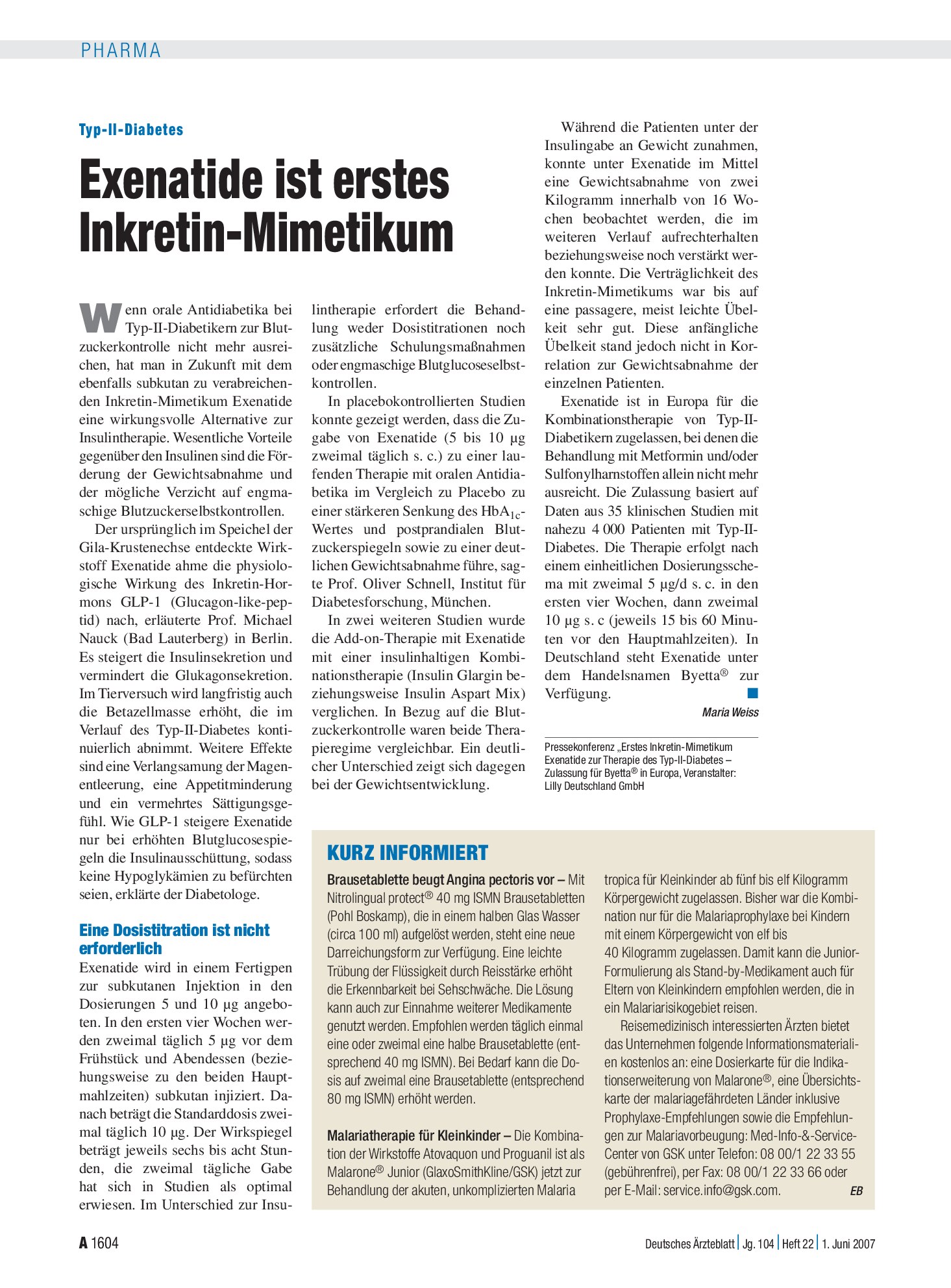 Vorschauseite 1: KURZ INFORMIERT – Deutsches Ärzteblatt