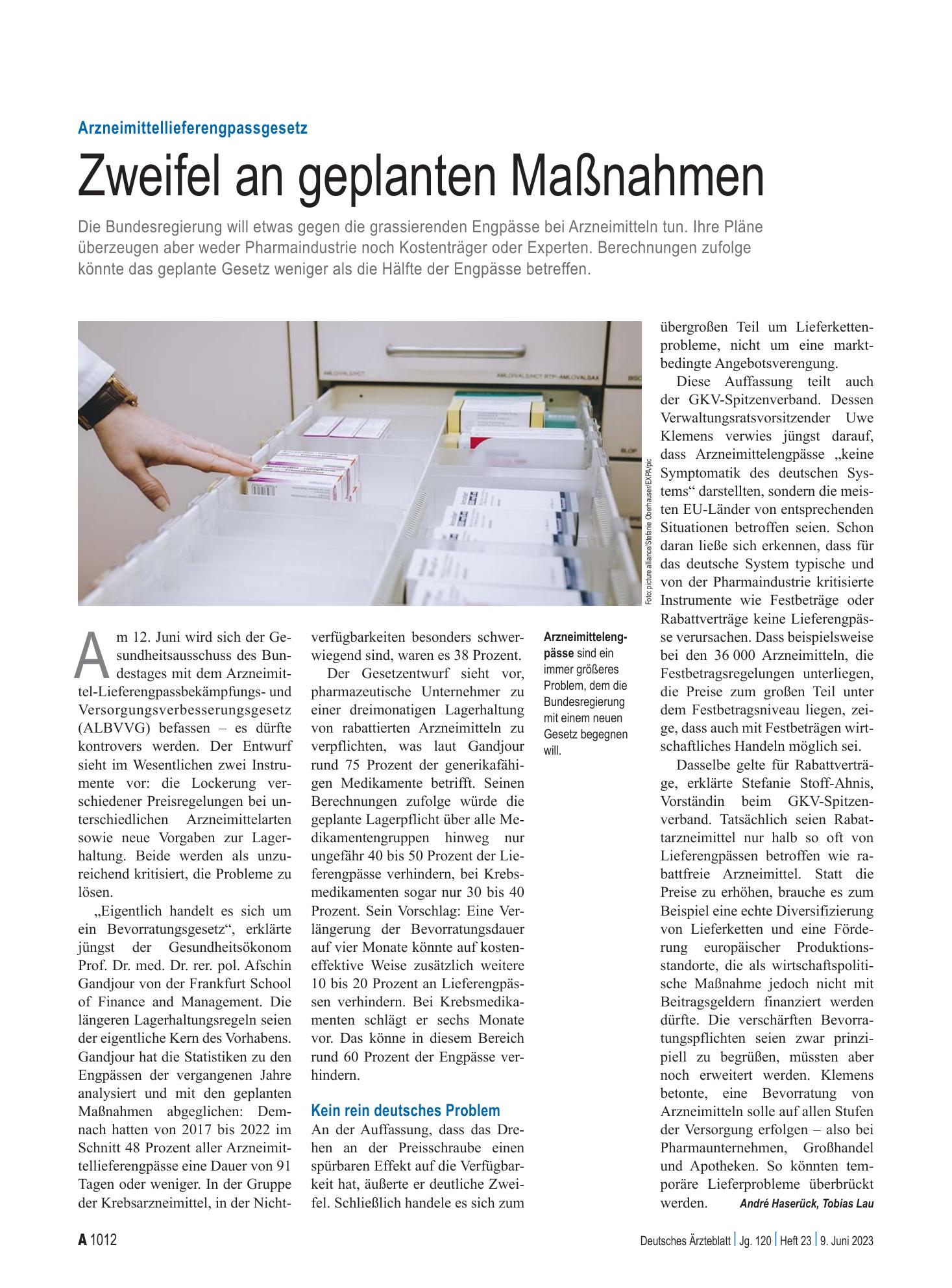 Vorschauseite 1: Arzneimittellieferengpassgesetz: Zweifel an geplanten Maßnahmen – Deutsches Ärzteblatt