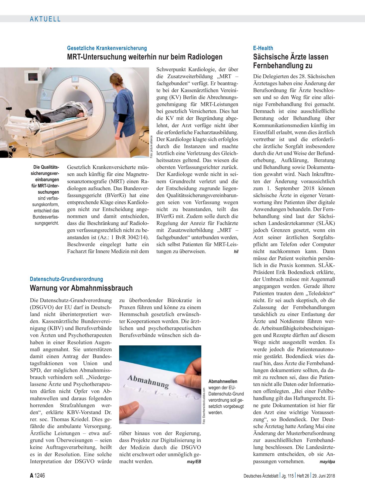 Vorschauseite 1: Datenschutz-Grundverordnung: Warnung vor Abmahnmissbrauch – Deutsches Ärzteblatt