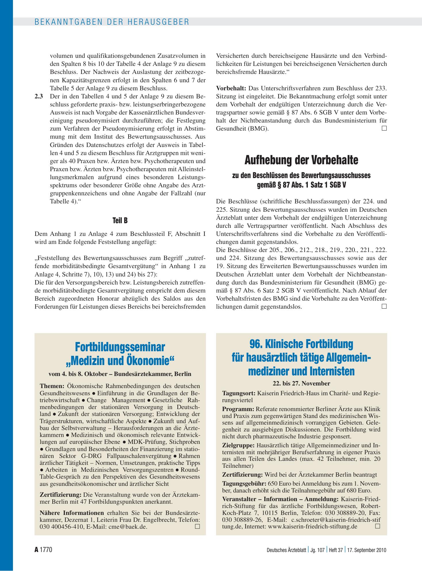 Vorschauseite 1: Fortbildungsseminar „Medizin und Ökonomie“ – Deutsches Ärzteblatt