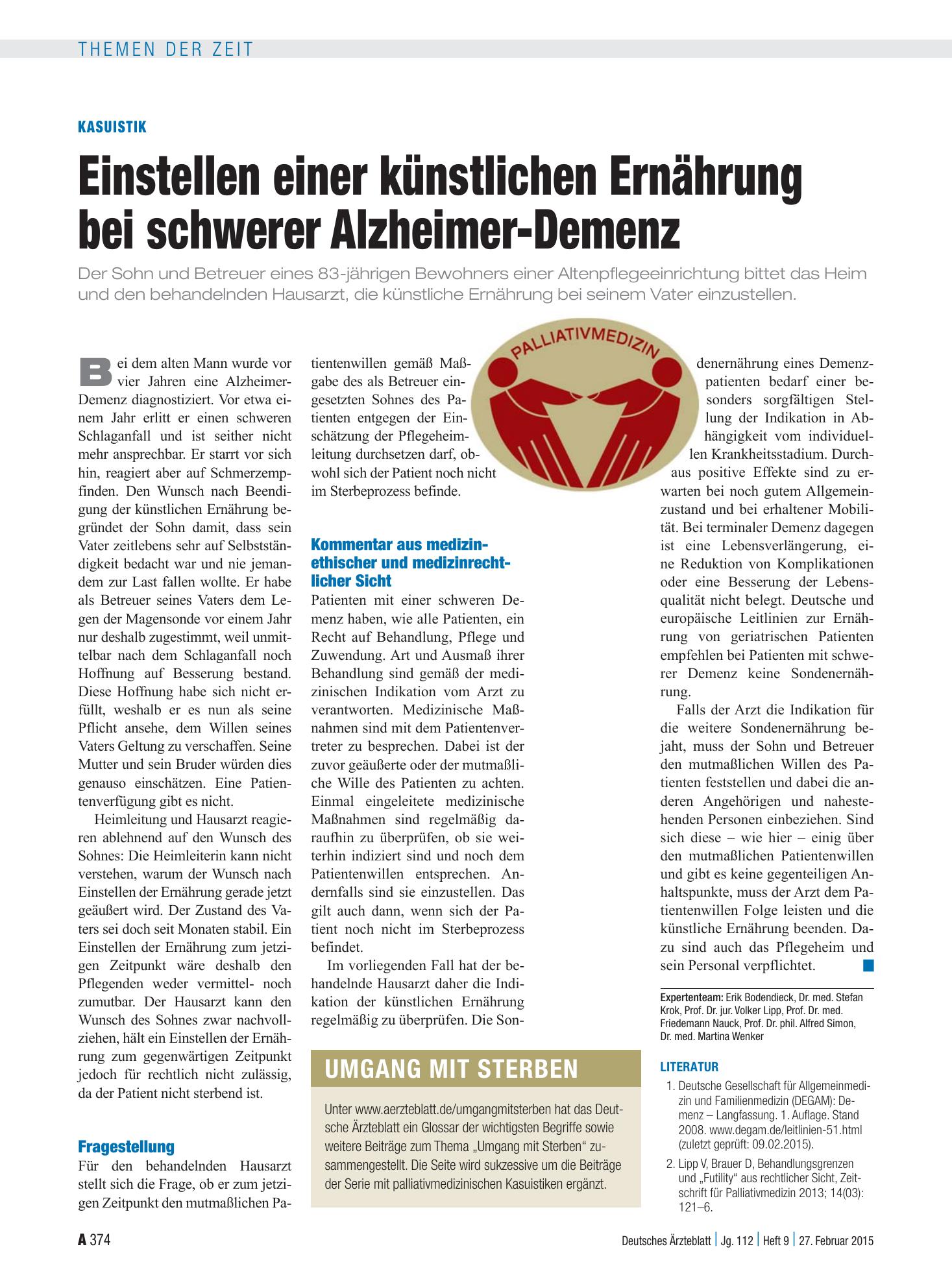 Vorschauseite 1: Kasuistik: Einstellen einer künstlichen Ernährung bei schwerer Alzheimer-Demenz – Deutsches Ärzteblatt