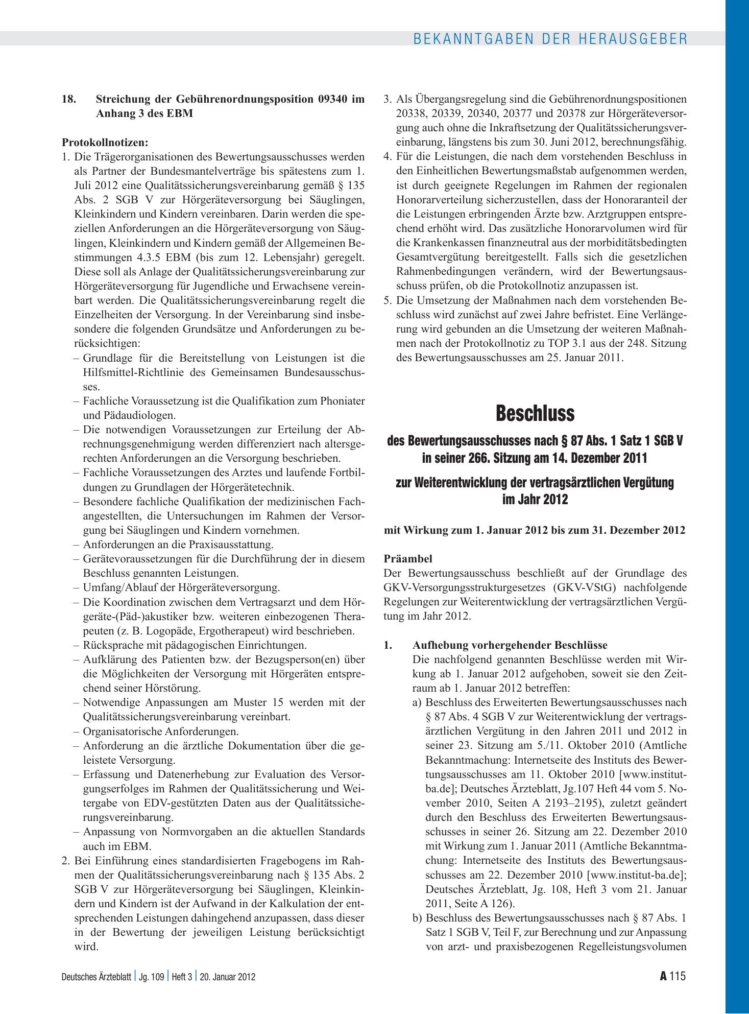 Vorschauseite 1: Beschluss des Bewertungsausschusses nach § 87 Abs. 1 Satz 1 SGB V in seiner 266. Sitzung am 14. Dezember 2011 zur Weiterentwicklung der vertragsärztlichen Vergütung im Jahr 2012 –…