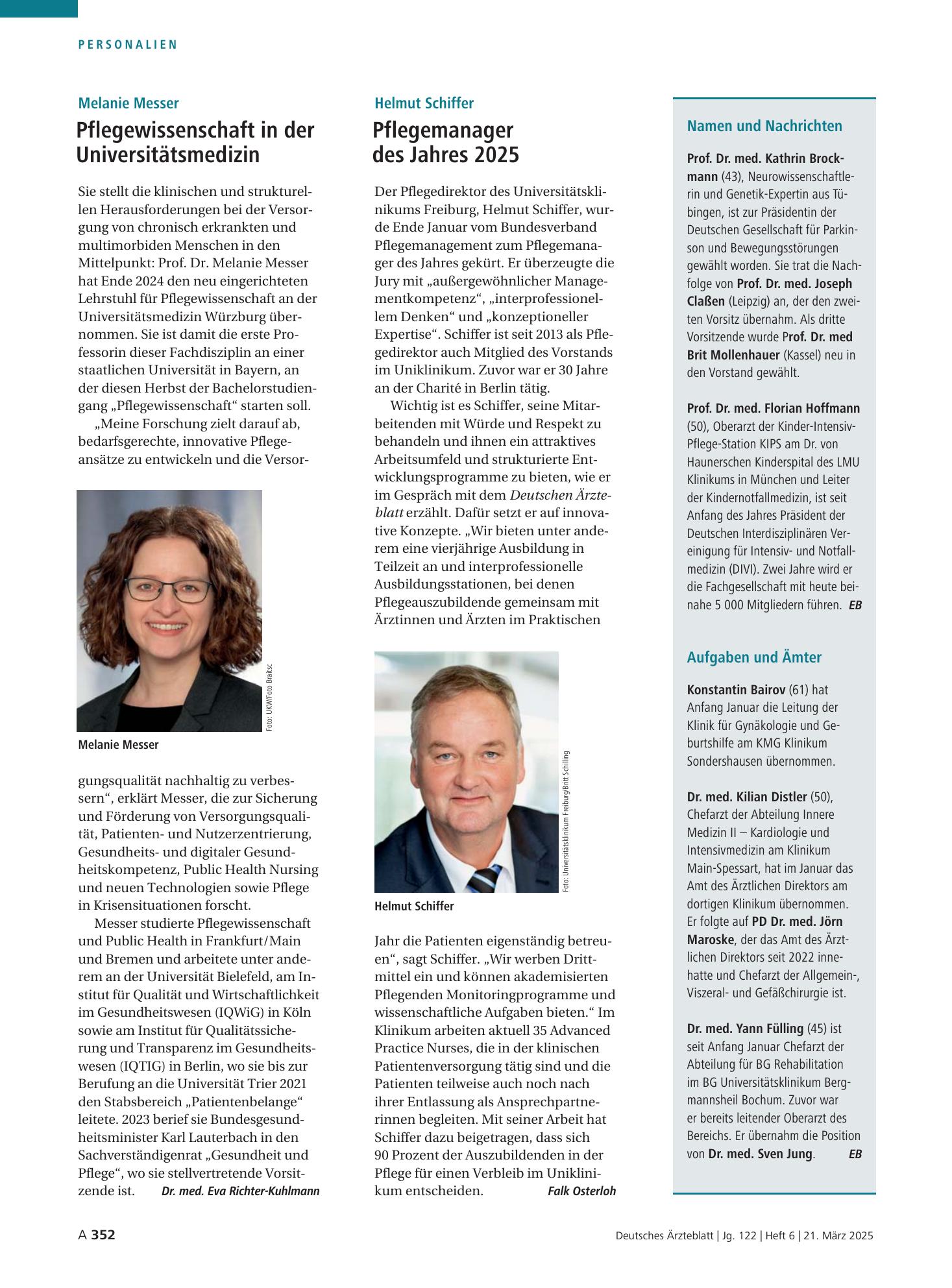 Vorschauseite 1: Melanie Messer: Pflegewissenschaft in der Universitätsmedizin – Deutsches Ärzteblatt