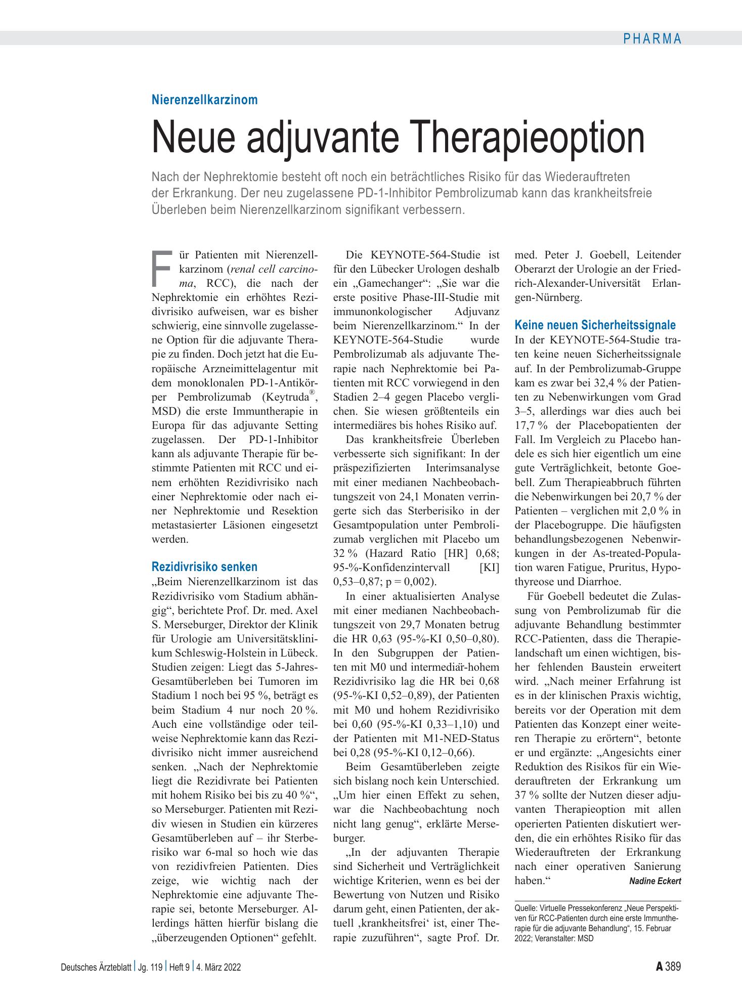 Vorschauseite 1: Nierenzellkarzinom: Neue adjuvante Therapieoption – Deutsches Ärzteblatt
