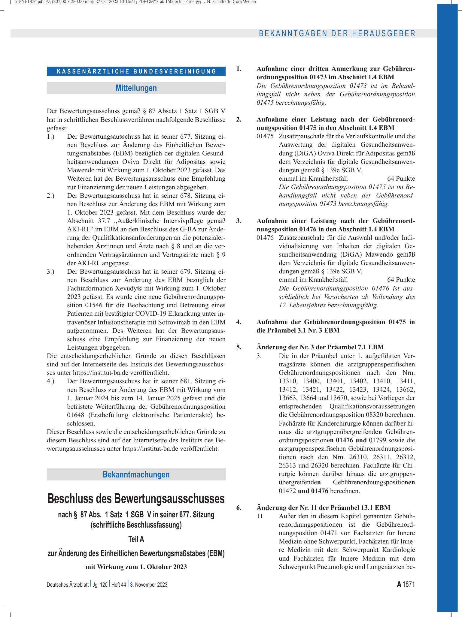 Vorschauseite 1: Beschluss des Bewertungsausschusses nach § 87 Abs. 1 Satz 1 SGB V in seiner 677. Sitzung (schriftliche Beschlussfassung) zur Änderung des Einheitlichen Bewertungsmaßstabes (EBM) –…