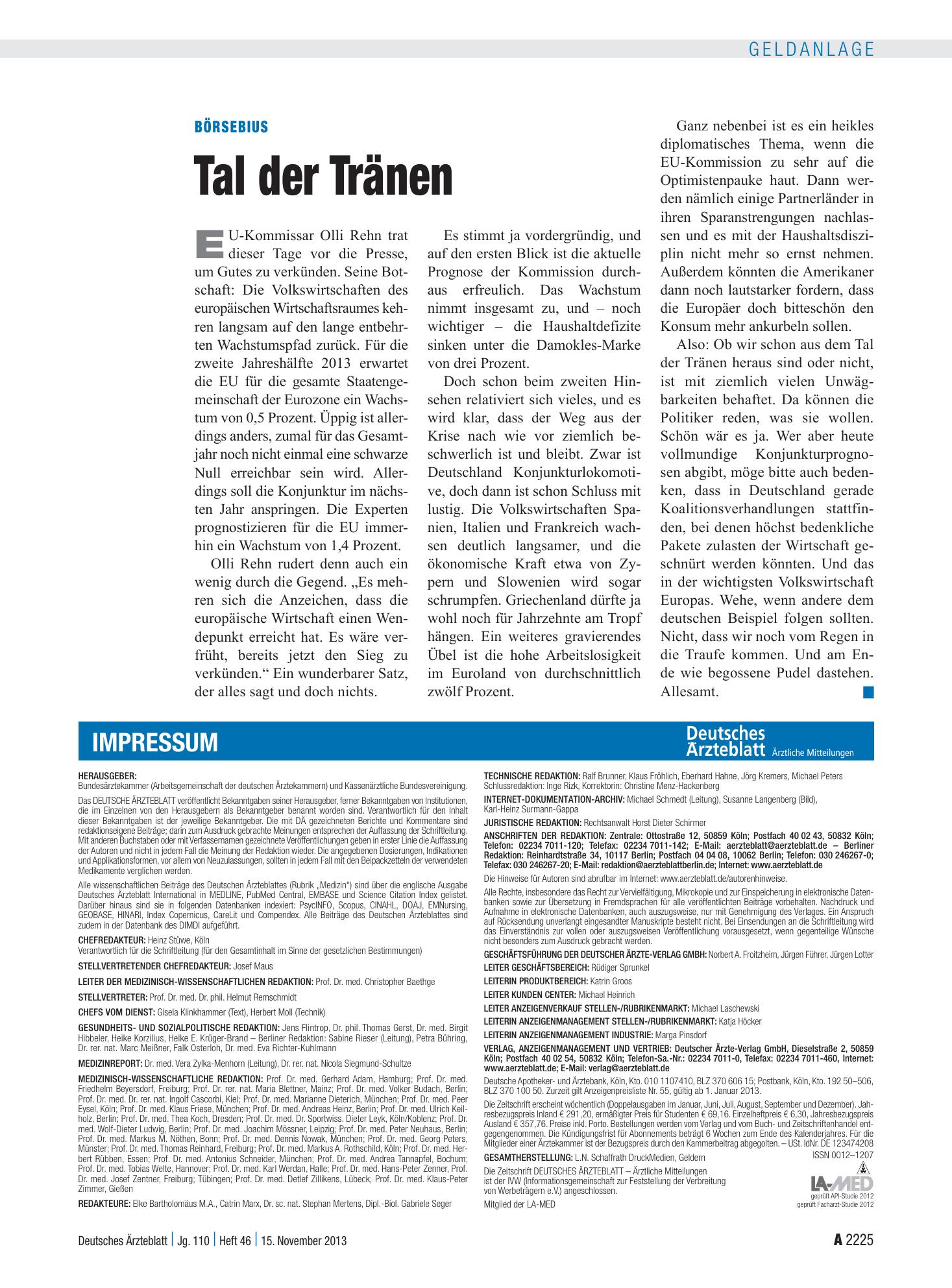 Vorschauseite 1: Börsebius: Tal der Tränen – Deutsches Ärzteblatt