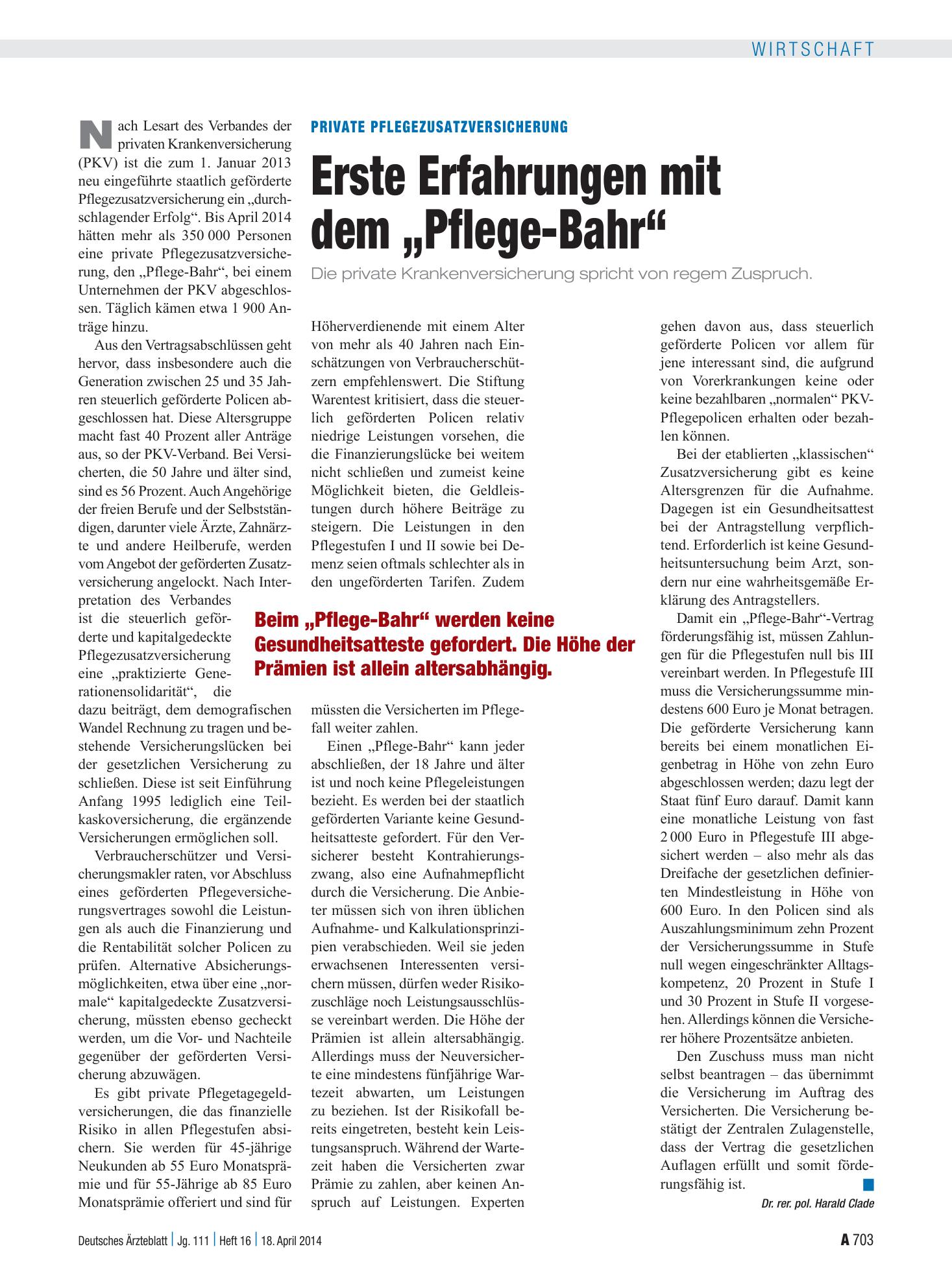 Vorschauseite 1: Private Pflegezusatzversicherung: Erste Erfahrungen mit dem „Pflege-Bahr“ – Deutsches Ärzteblatt