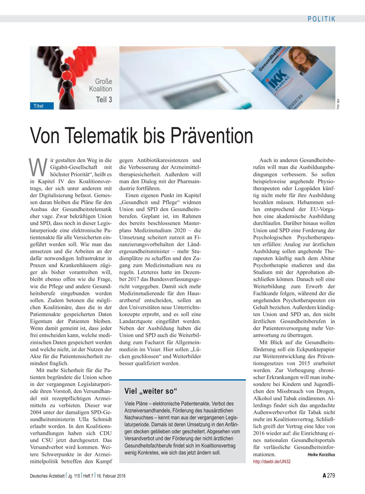 Vorschauseite 1: Von Telematik bis Prävention – Deutsches Ärzteblatt