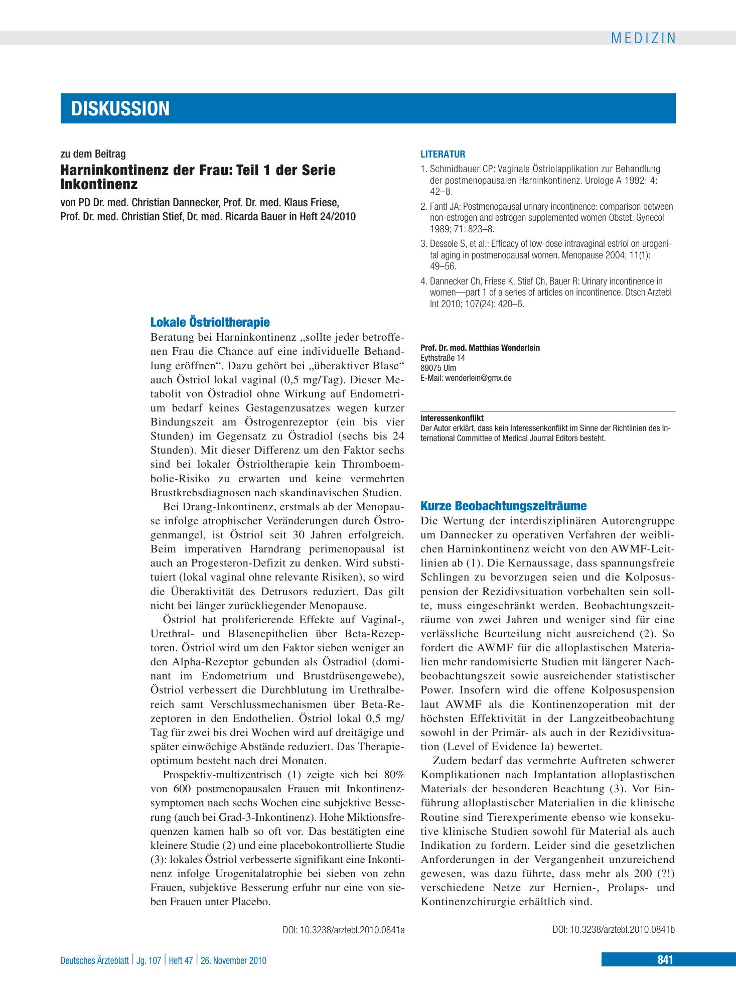 Vorschauseite 1: Lokale Östrioltherapie – Deutsches Ärzteblatt