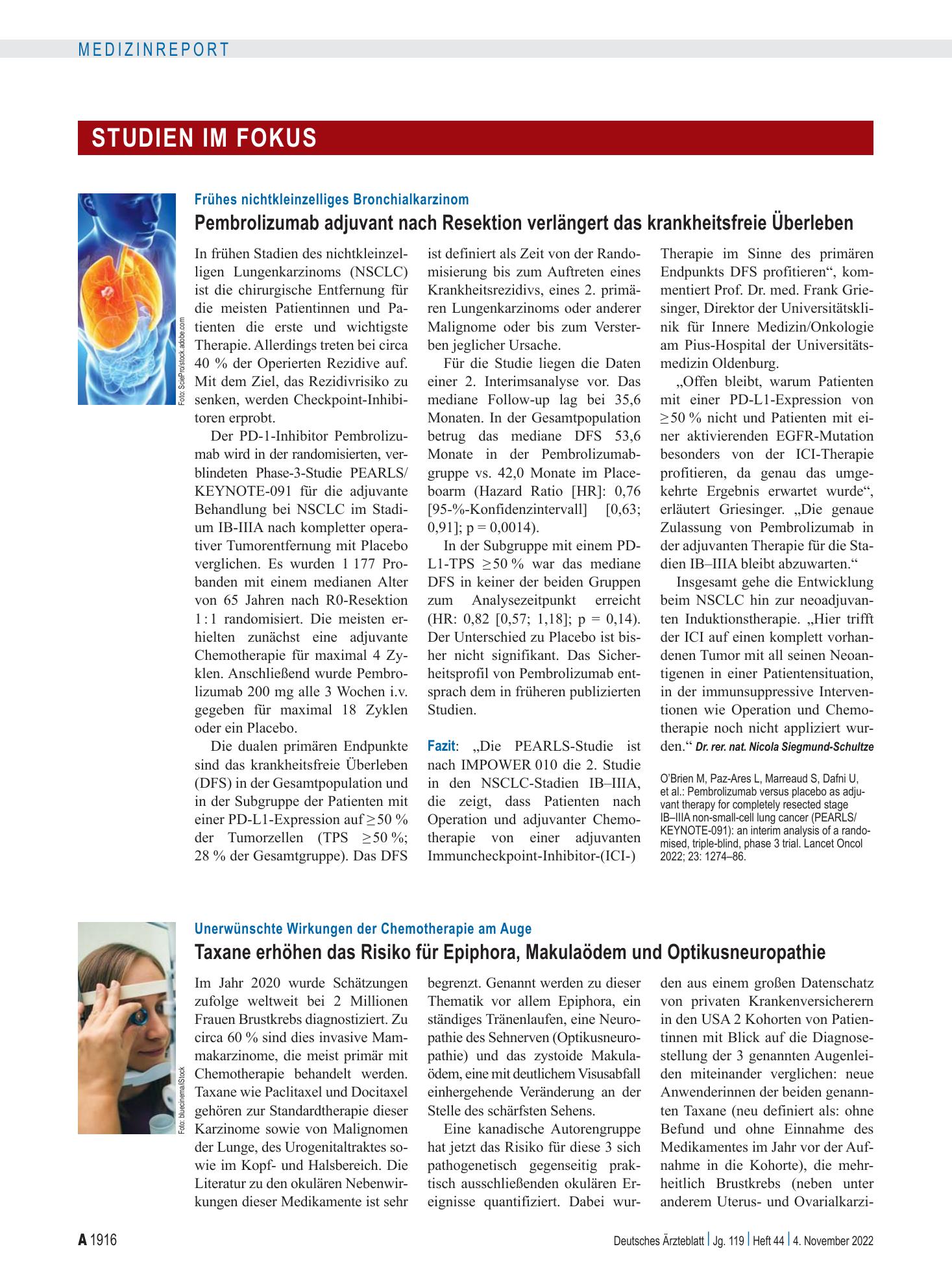 Vorschauseite 1: Unerwünschte Wirkungen der Chemotherapie am Auge: Taxane erhöhen das Risiko für Epiphora, Makulaödem und Optikusneuropathie – Deutsches Ärzteblatt