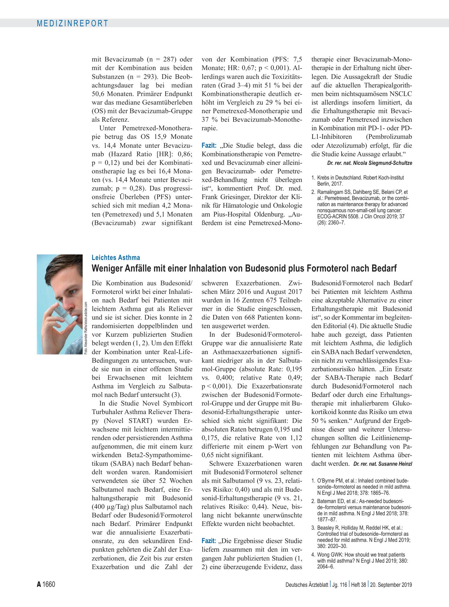 Vorschauseite 1: Leichtes Asthma: Weniger Anfälle mit einer Inhalation von Budesonid plus Formoterol nach Bedarf – Deutsches Ärzteblatt