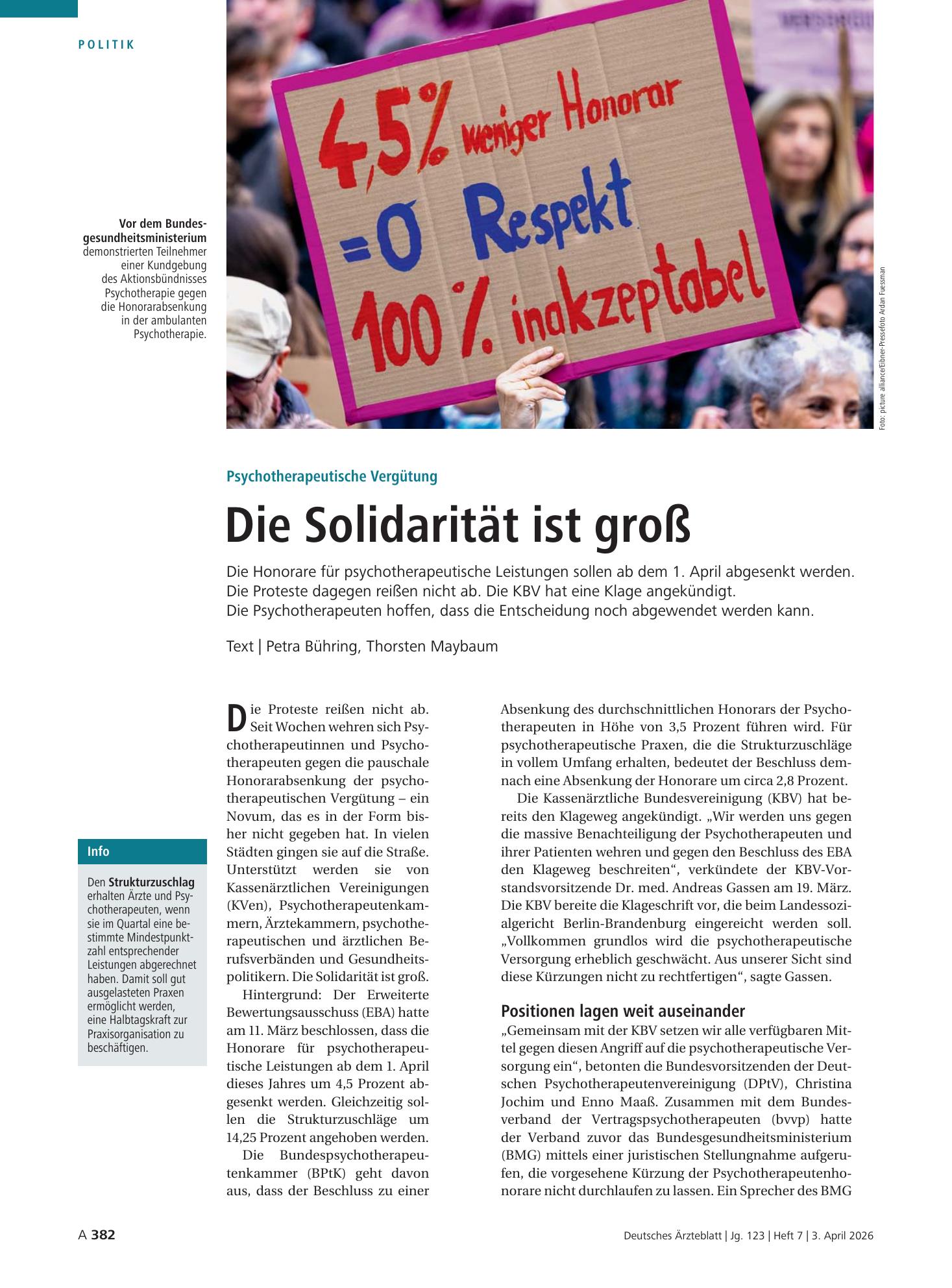 Vorschauseite 1: Psychotherapeutische Vergütung: Die Solidarität ist groß – Deutsches Ärzteblatt