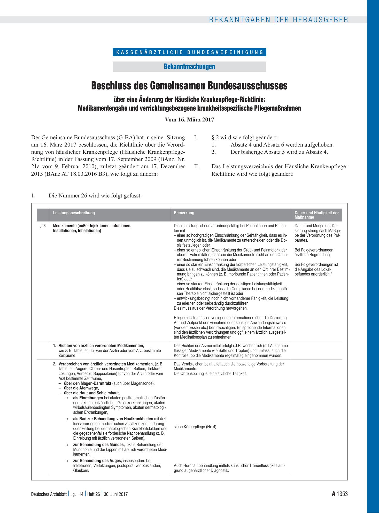 Vorschauseite 1: Beschluss des Gemeinsamen Bundesausschusses über eine Änderung der Häusliche Krankenpflege-Richtlinie: Medikamentengabe und verrichtungsbezogene krankheitsspezifische Pflegemaßnah…