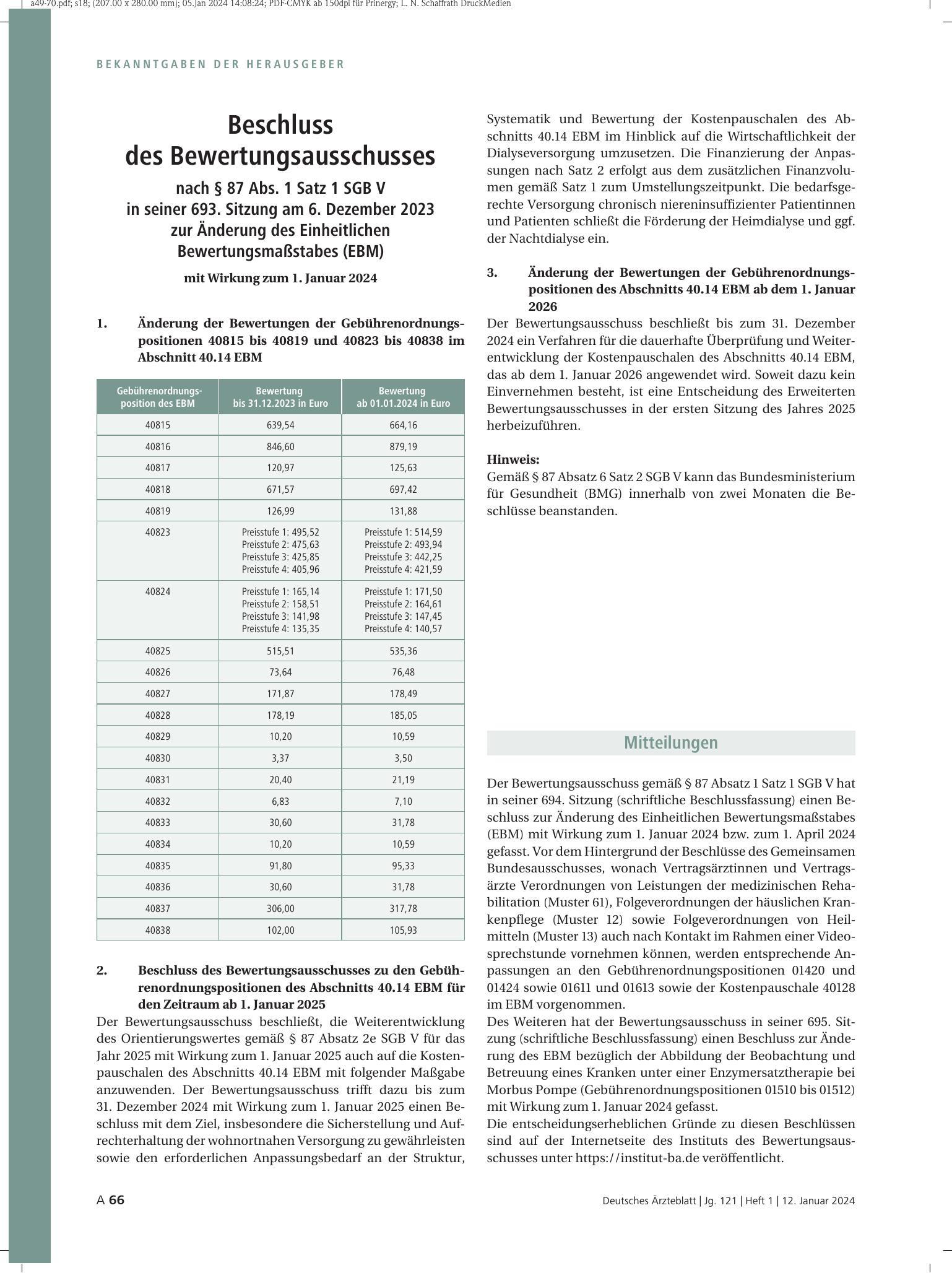 Vorschauseite 1: Beschluss des Bewertungsausschusses nach § 87 Abs. 1 Satz 1 SGB V in seiner 693. Sitzung am 6. Dezember 2023 zur Änderung des Einheitlichen Bewertungsmaßstabes (EBM) mit Wirkung z…