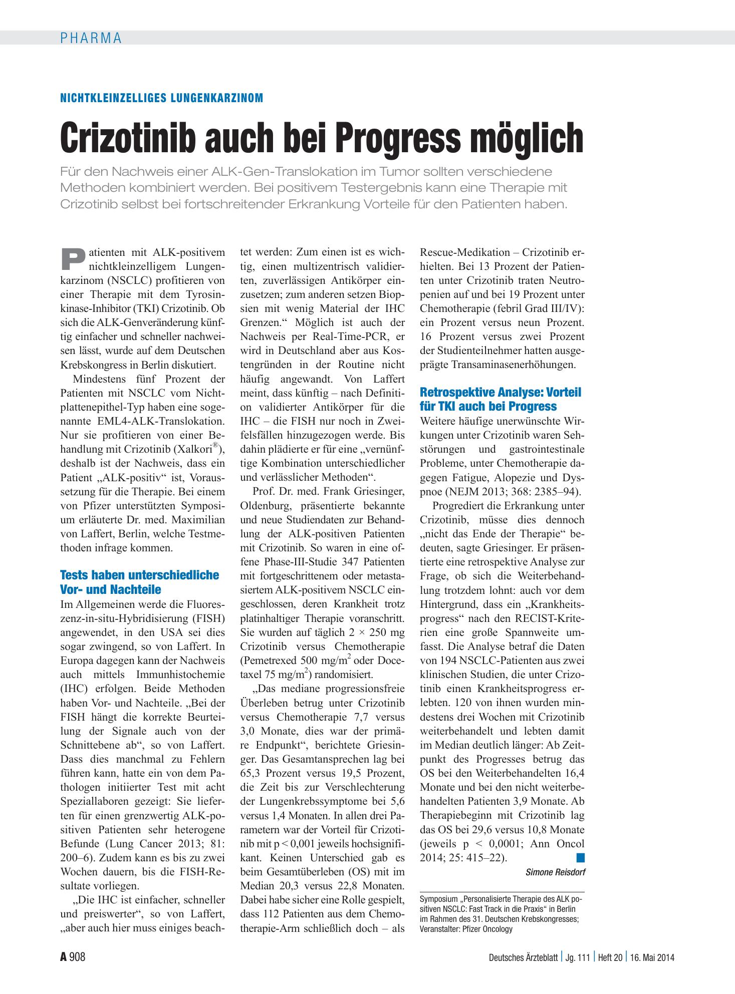 Vorschauseite 1: Nichtkleinzelliges Lungenkarzinom: Crizotinib auch bei Progress möglich – Deutsches Ärzteblatt