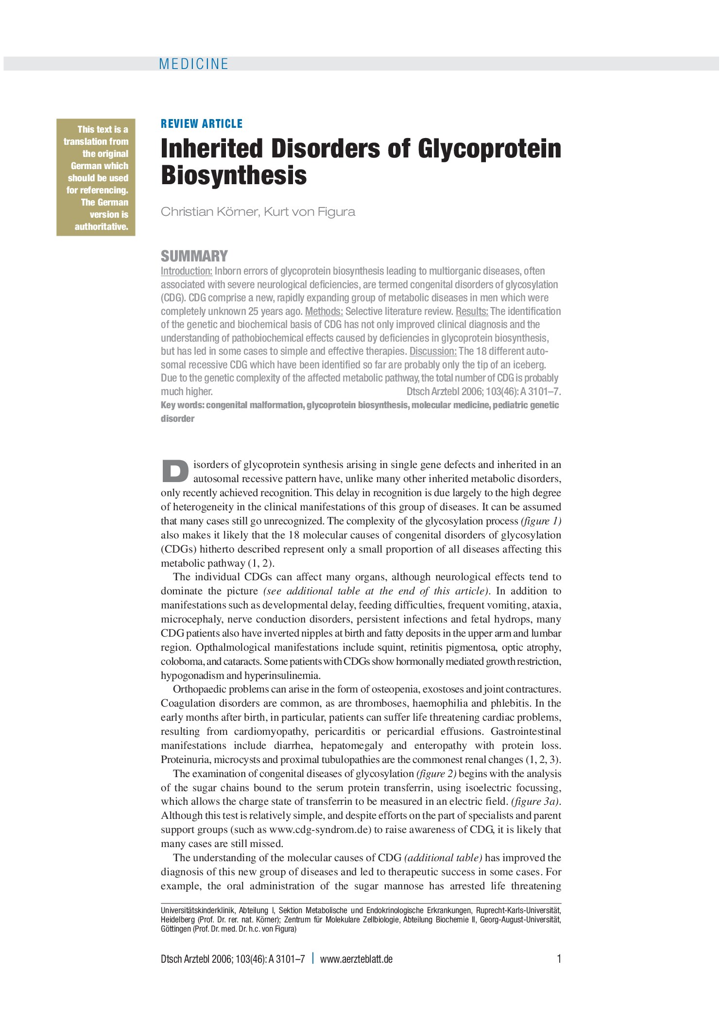 Vorschauseite 1: Multisystemische Erkrankungen im Kindesalter durch erbliche Defekte der Glykoproteinbiosynthese – Deutsches Ärzteblatt