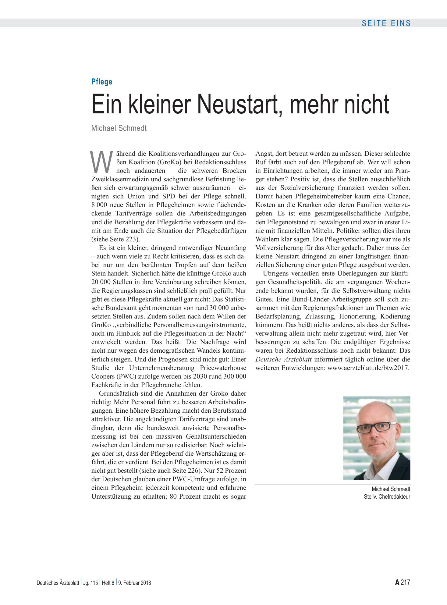 Vorschauseite 1: Pflege: Ein kleiner Neustart, mehr nicht – Deutsches Ärzteblatt