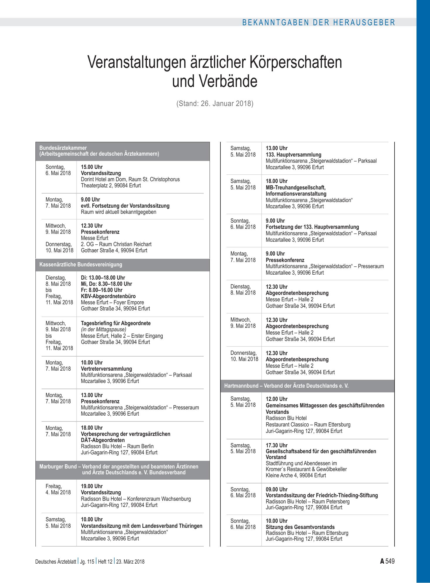 Vorschauseite 1: Veranstaltungen ärztlicher Körperschaften und Verbände – Deutsches Ärzteblatt