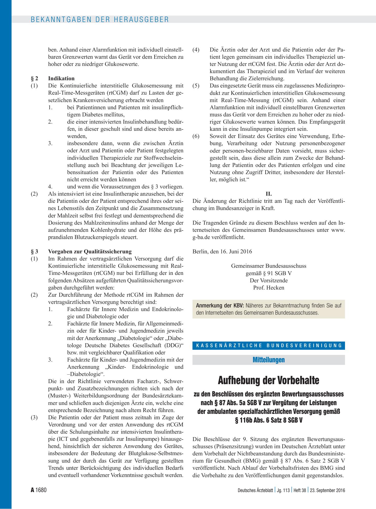 Vorschauseite 1: Aufhebung der Vorbehalte zu den Beschlüssen des ergänzten Bewertungsausschusses nach § 87 Abs. 5a SGB V zur Vergütung der Leistungen der ambulanten spezialfachärztlichen Versorgun…
