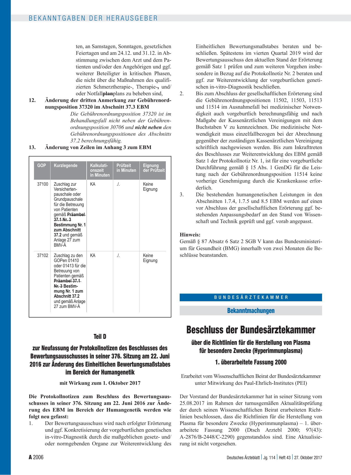 Vorschauseite 1: Beschluss der Bundesärztekammer über die Richtlinien für die Herstellung von Plasma für besondere Zwecke (Hyperimmunplasma) 1. überarbeitete Fassung 2000 – Deutsches Ärzteblatt