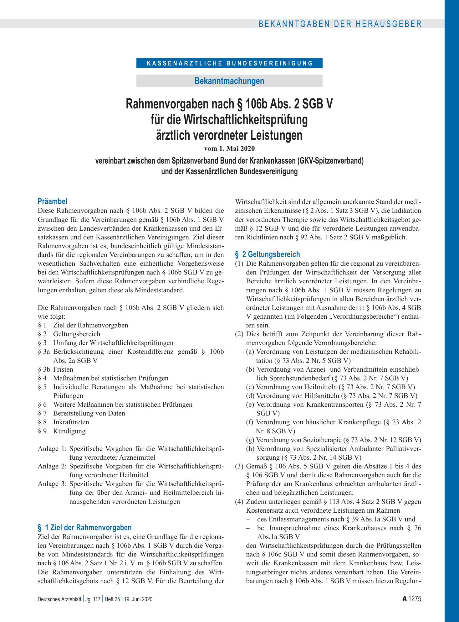Vorschauseite 1: Rahmenvorgaben nach § 106b Abs. 2 SGB V für die Wirtschaftlichkeitsprüfung ärztlich verordneter Leistungen vereinbart zwischen dem Spitzenverband Bund der Krankenkassen (GKV-Spitz…