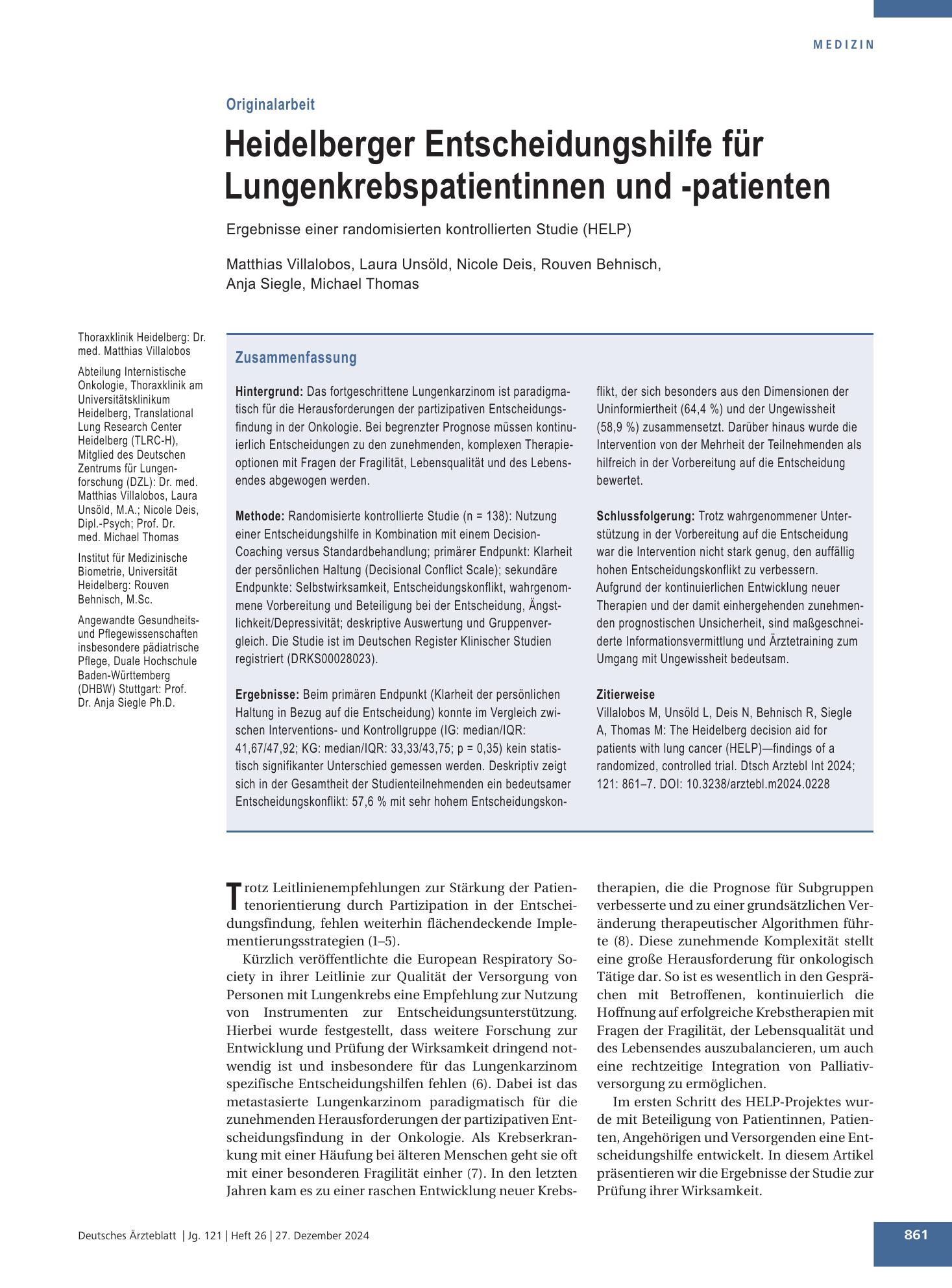 Vorschauseite 1: Heidelberger Entscheidungshilfe für Lungenkrebspatientinnen und -patienten – Deutsches Ärzteblatt