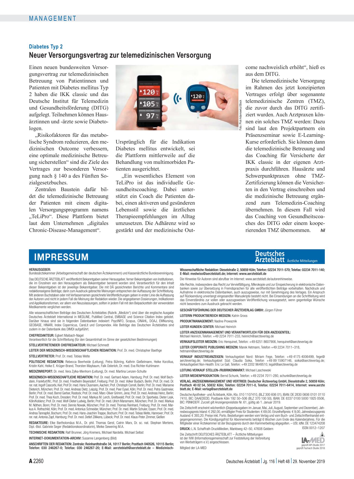 Vorschauseite 1: Diabetes Typ 2: Neuer Versorgungsvertrag zur telemedizinischen Versorgung – Deutsches Ärzteblatt