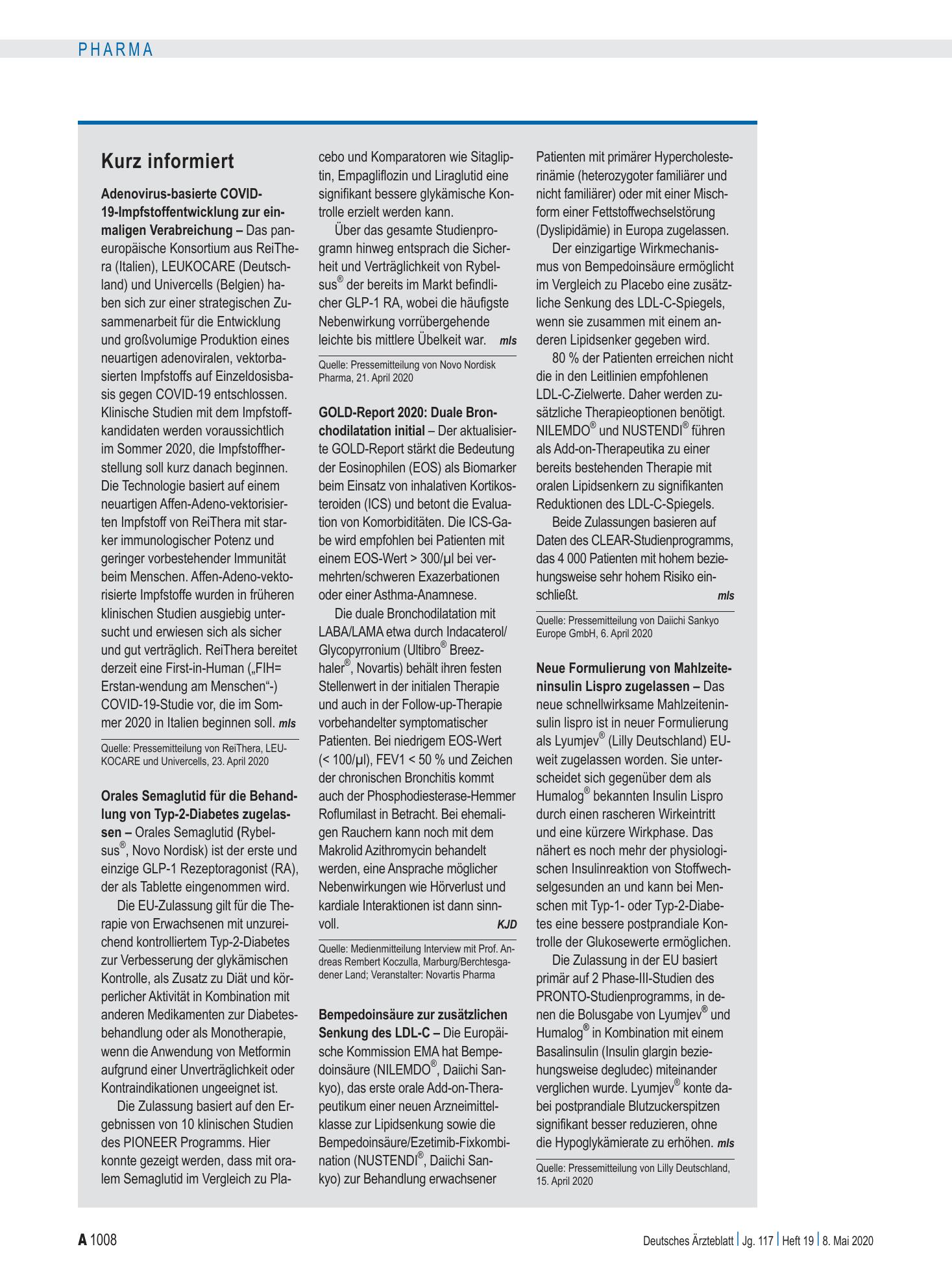 Vorschauseite 1: Kurz informiert – Deutsches Ärzteblatt