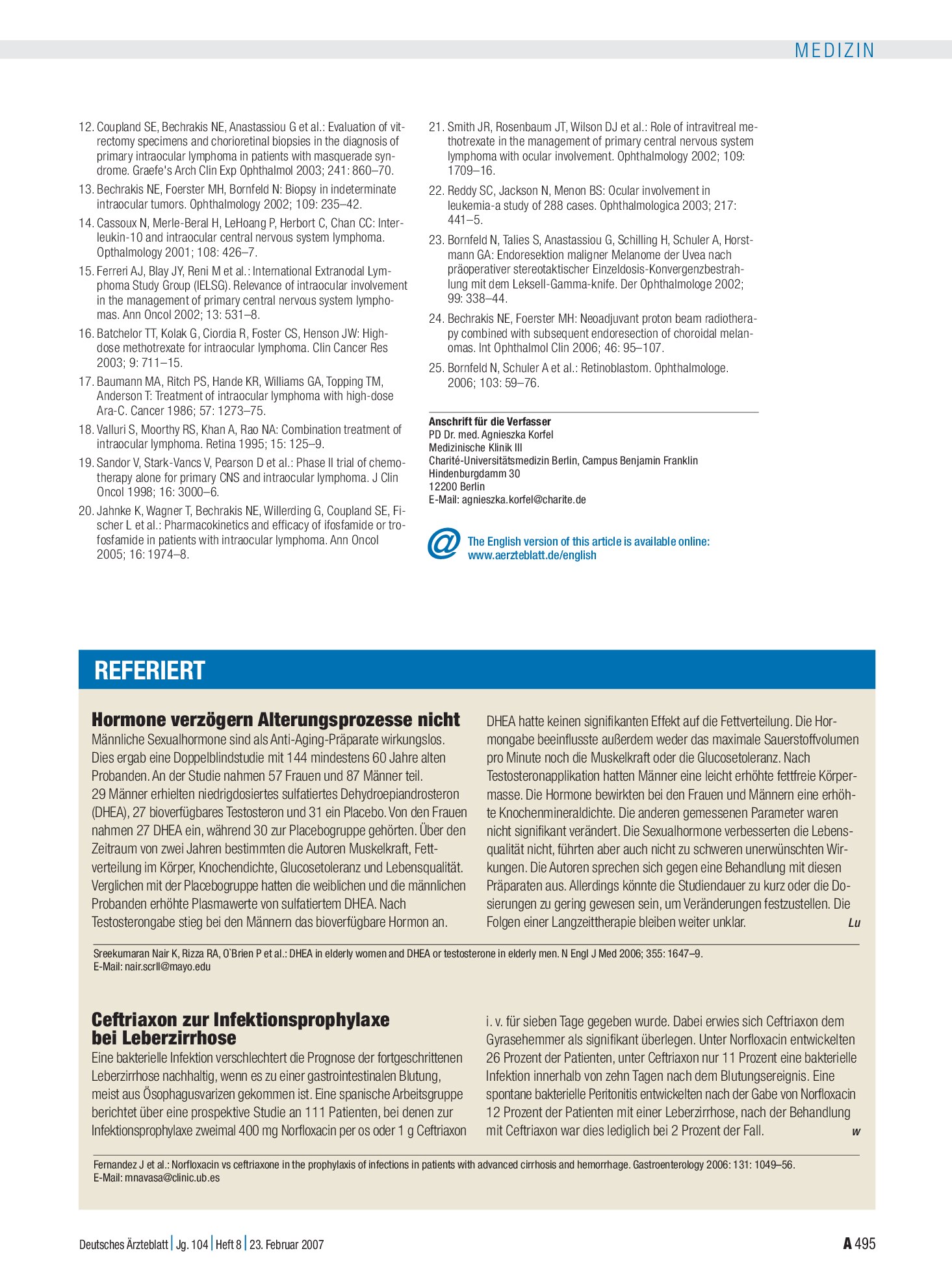 Vorschauseite 1: Hormone verzögern Alterungsprozesse nicht – Deutsches Ärzteblatt