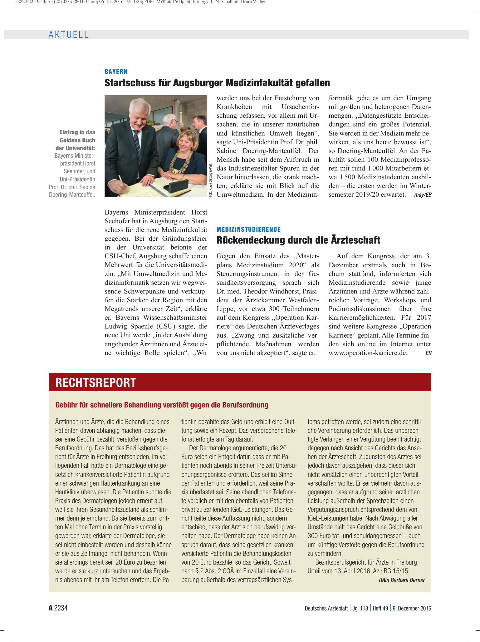 Vorschauseite 1: Gebühr für schnellere Behandlung verstößt gegen die Berufsordnung – Deutsches Ärzteblatt