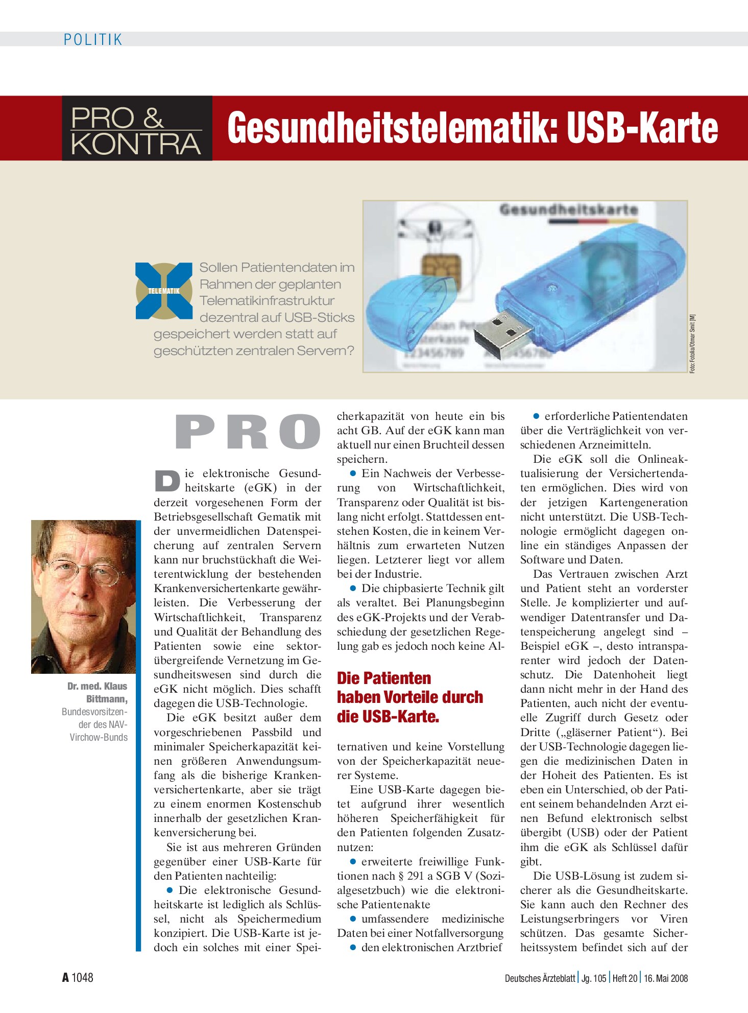 Vorschauseite 1: Gesundheitstelematik: USB-Karte versus Speicherung auf zentralen Servern – Deutsches Ärzteblatt