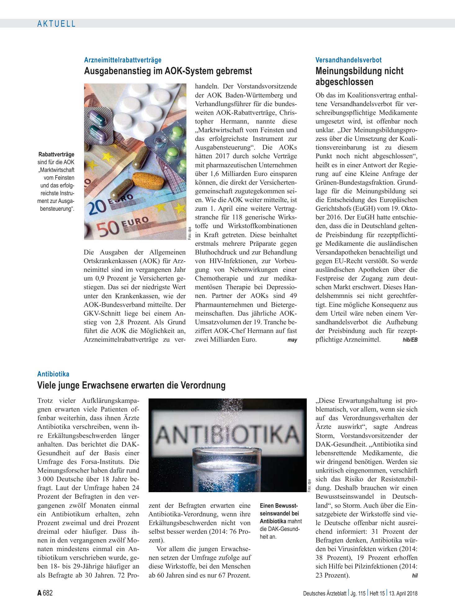 Vorschauseite 1: Arzneimittelrabattverträge: Ausgabenanstieg im AOK-System gebremst – Deutsches Ärzteblatt