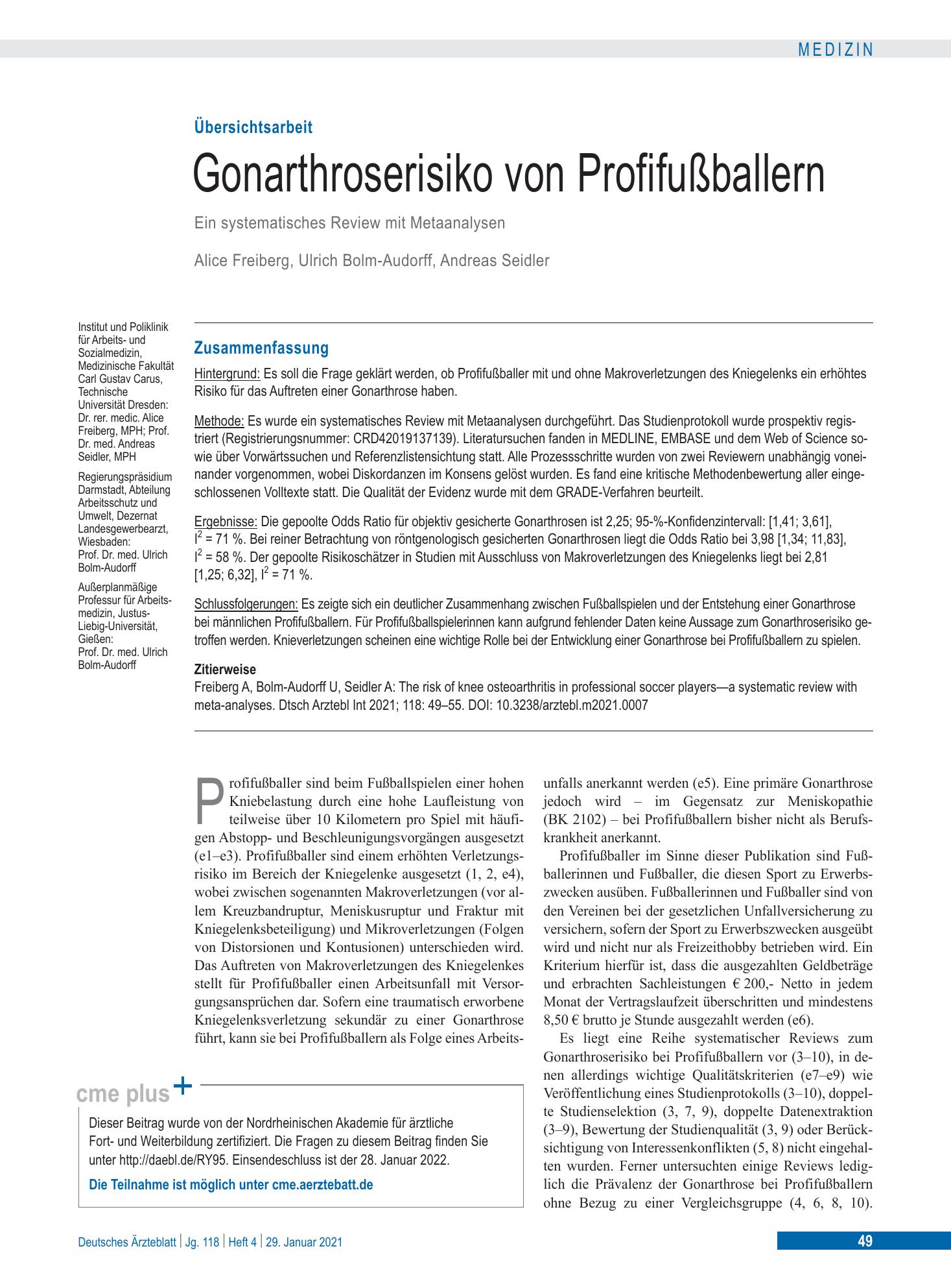 Vorschauseite 1: Gonarthroserisiko von Profifußballern – Deutsches Ärzteblatt