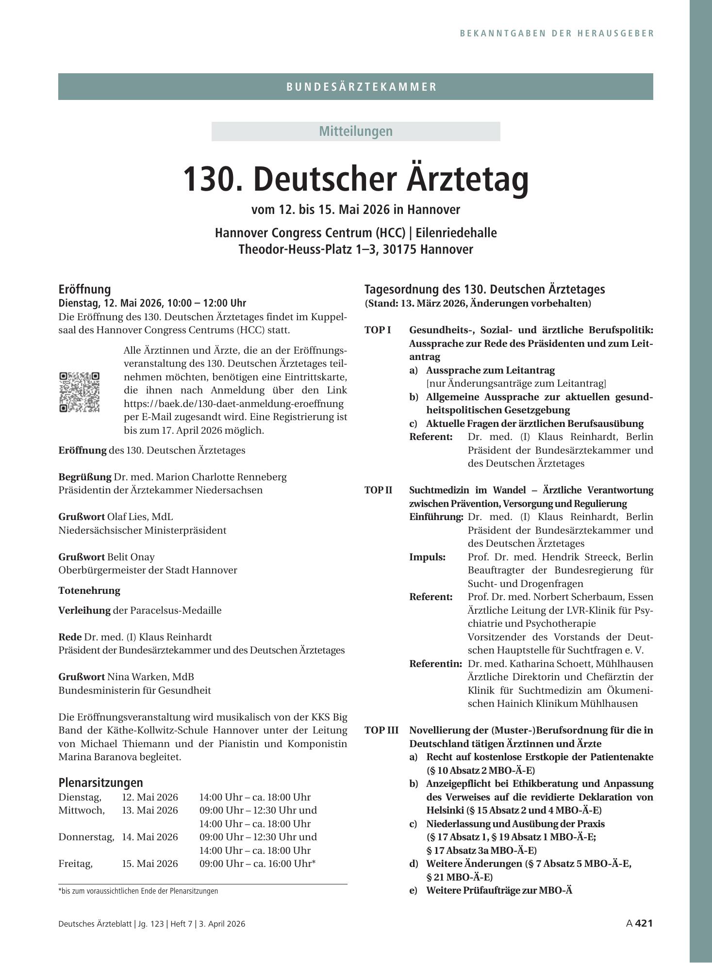Vorschauseite 1: 130. Deutscher Ärztetag vom 12. bis 15. Mai 2026 in Hannover – Deutsches Ärzteblatt