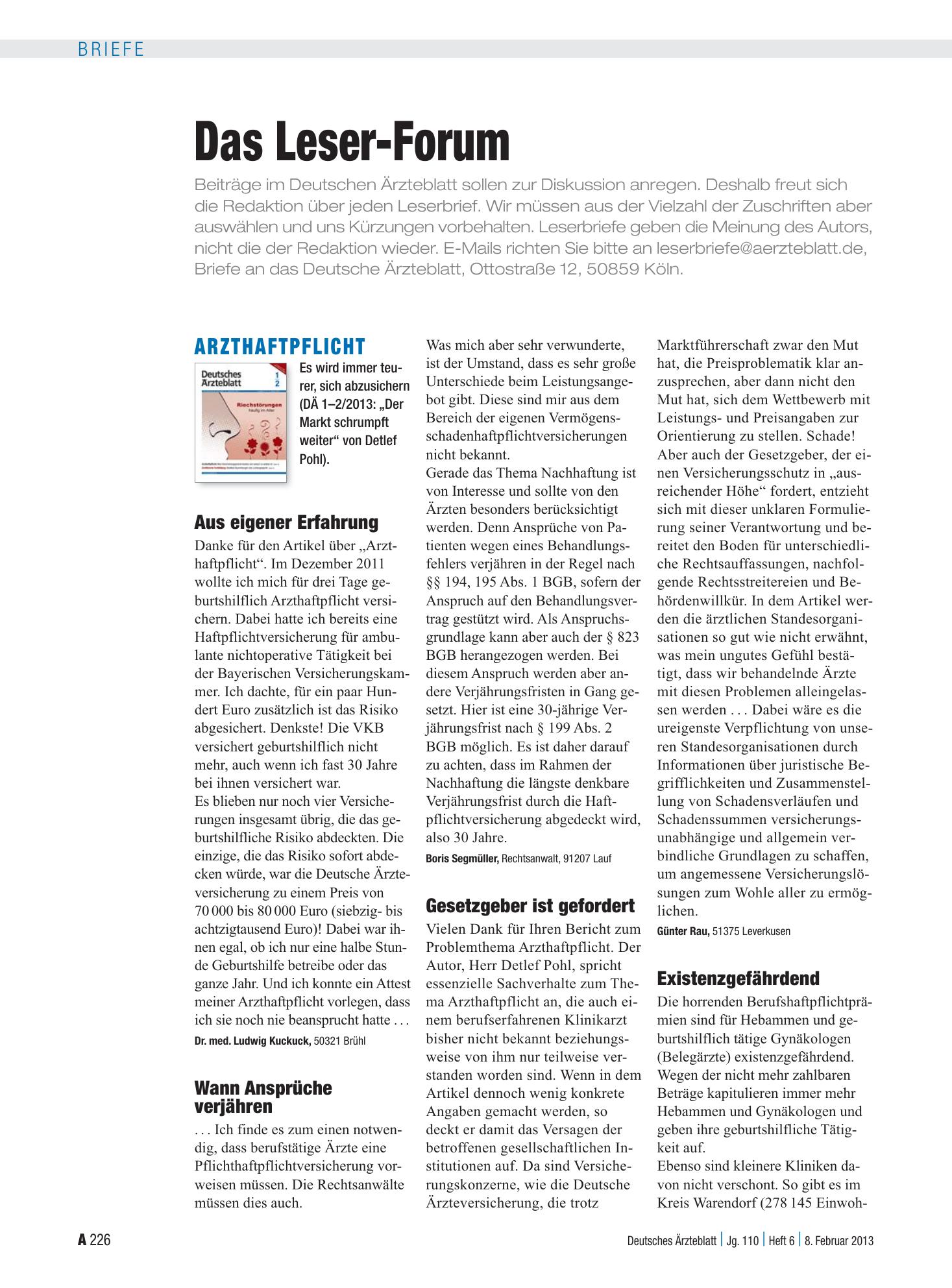 Vorschauseite 1: Arzthaftpflicht: Existenzgefährdend – Deutsches Ärzteblatt