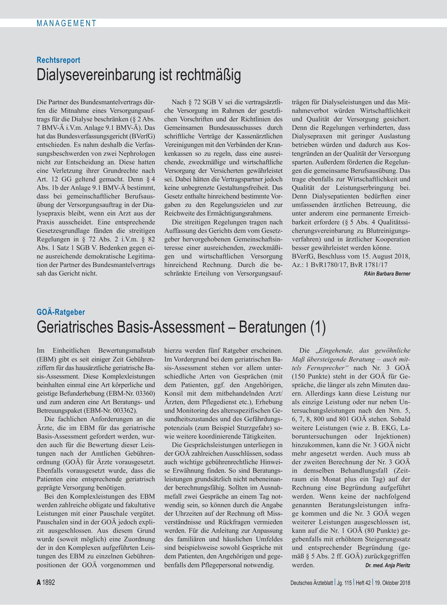 Vorschauseite 1: GOÄ-Ratgeber: Geriatrisches Basis-Assessment – Beratungen (1) – Deutsches Ärzteblatt
