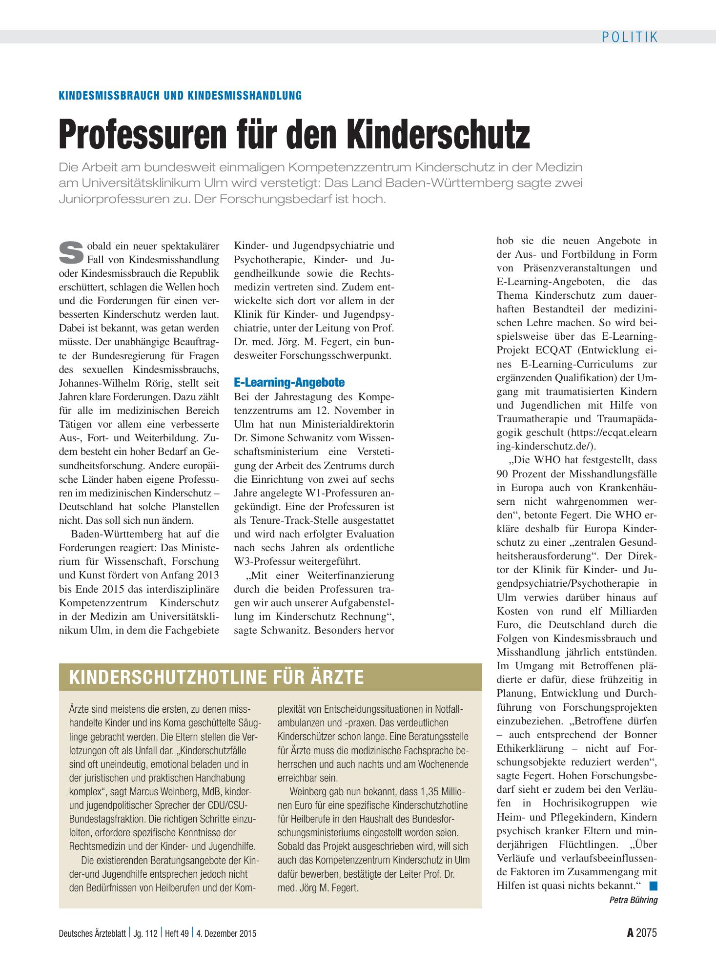 Vorschauseite 1: Kindesmissbrauch und Kindesmisshandlung: Professuren für den Kinderschutz – Deutsches Ärzteblatt