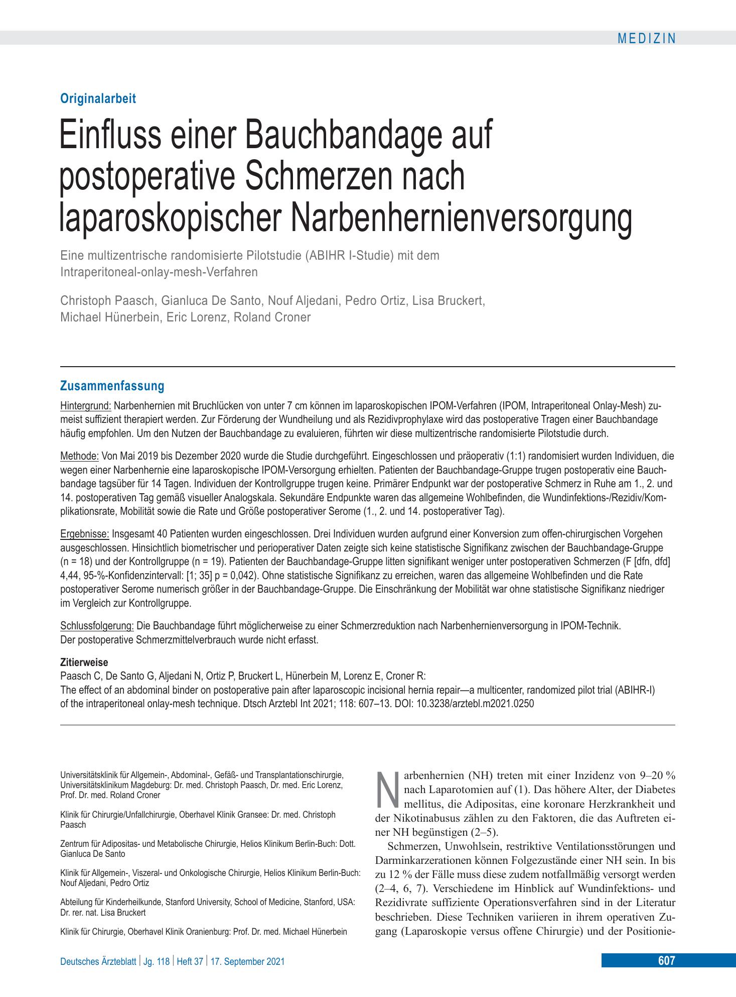 Vorschauseite 1: Einfluss einer Bauchbandage auf postoperative Schmerzen nach laparoskopischer Narbenhernienversorgung – Deutsches Ärzteblatt