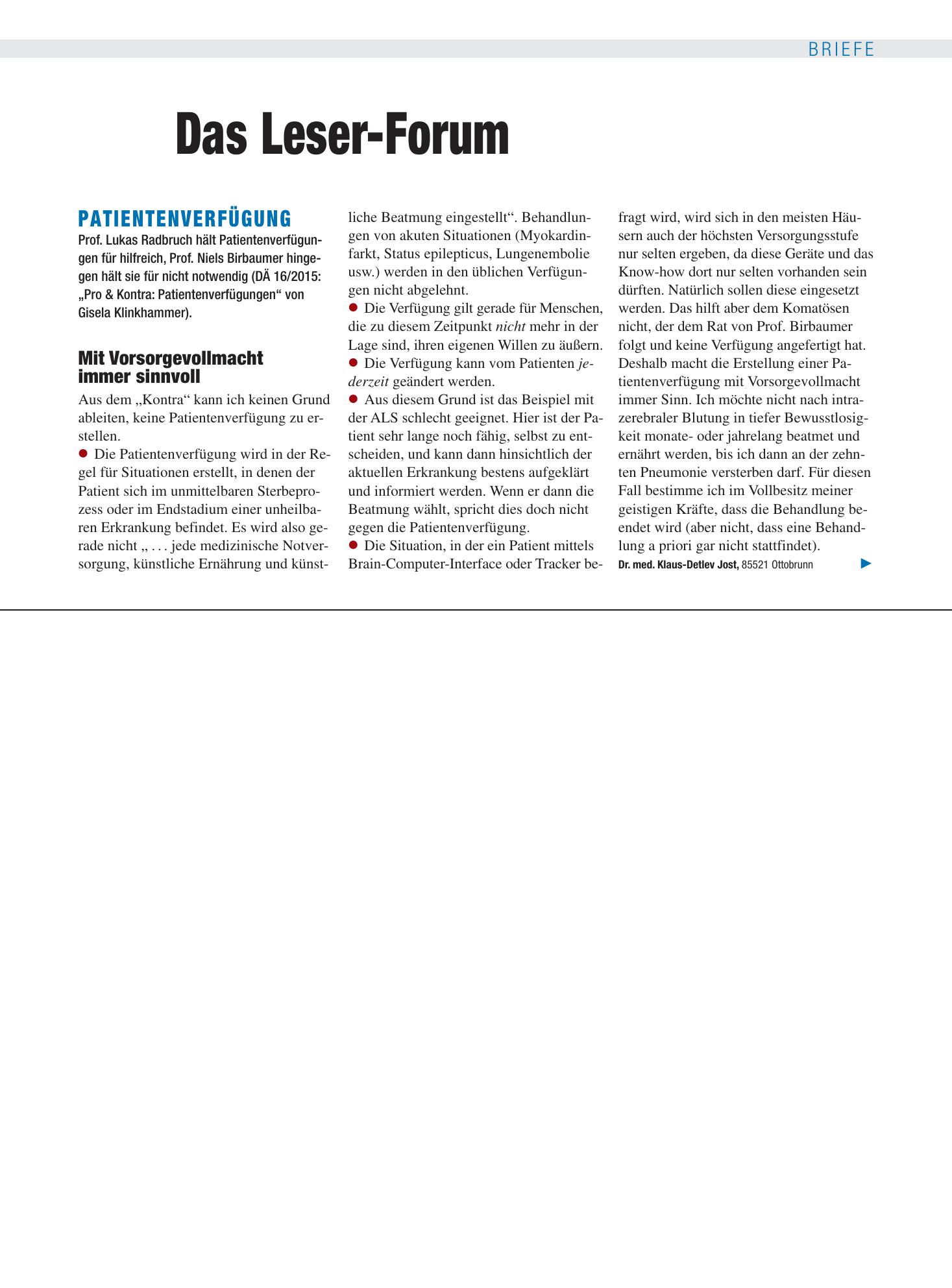 Vorschauseite 1: Patientenverfügung: Mit Vorsorgevollmacht immer sinnvoll – Deutsches Ärzteblatt
