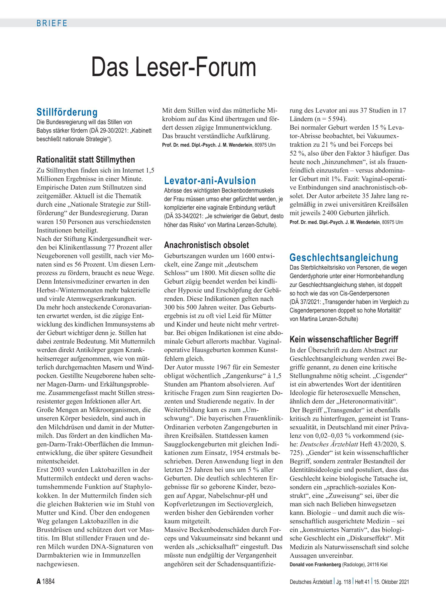 Vorschauseite 1: Levator-ani-Avulsion: Anachronistisch obsolet – Deutsches Ärzteblatt