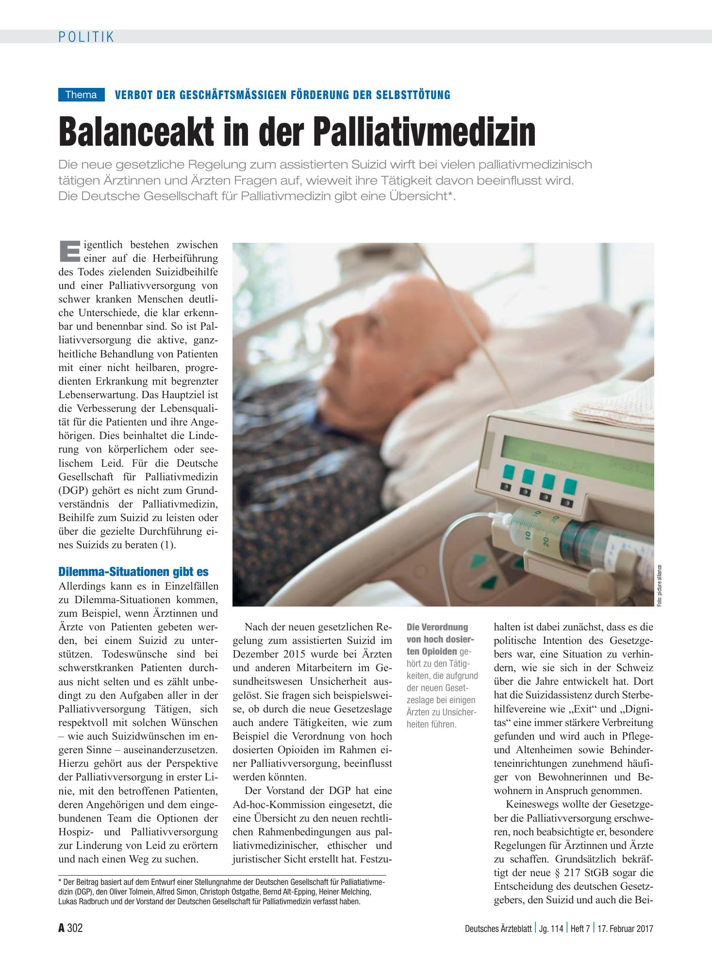 Vorschauseite 1: Verbot der geschäftsmäßigen Förderung der Selbsttötung: Balanceakt in der Palliativmedizin – Deutsches Ärzteblatt