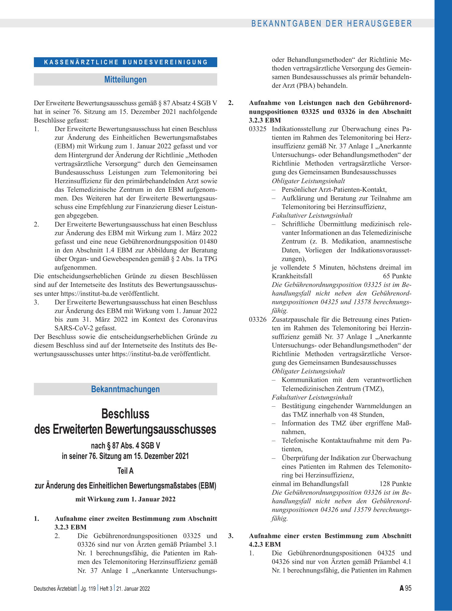 Vorschauseite 1: Beschluss des Erweiterten Bewertungsausschusses nach § 87 Abs. 4 SGB V in seiner 76. Sitzung am 15. Dezember 2021 – Deutsches Ärzteblatt