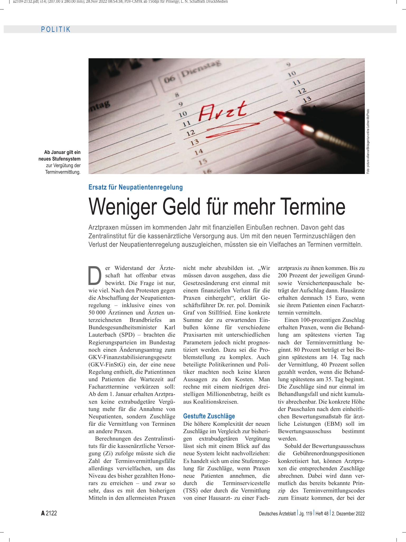 Vorschauseite 1: Ersatz für Neupatientenregelung: Weniger Geld für mehr Termine – Deutsches Ärzteblatt