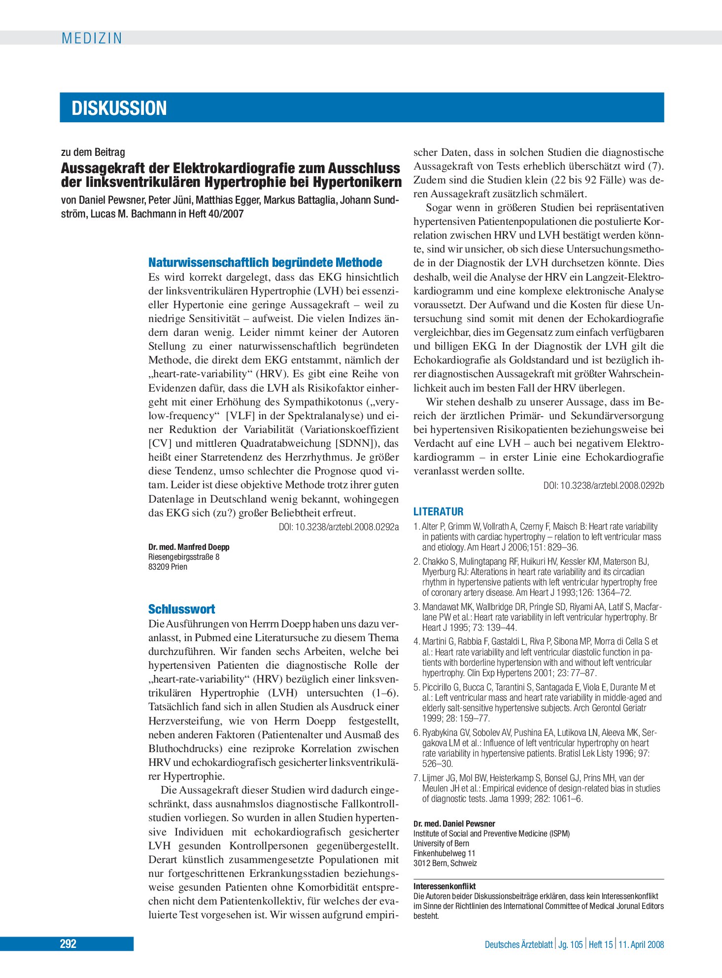 Vorschauseite 1: Aussagekraft der Elektrokardiografie zum Ausschluss der linksventrikulären Hypertrophie bei Hypertonikern: Naturwissenschaftlich begründete Methode – Deutsches Ärzteblatt