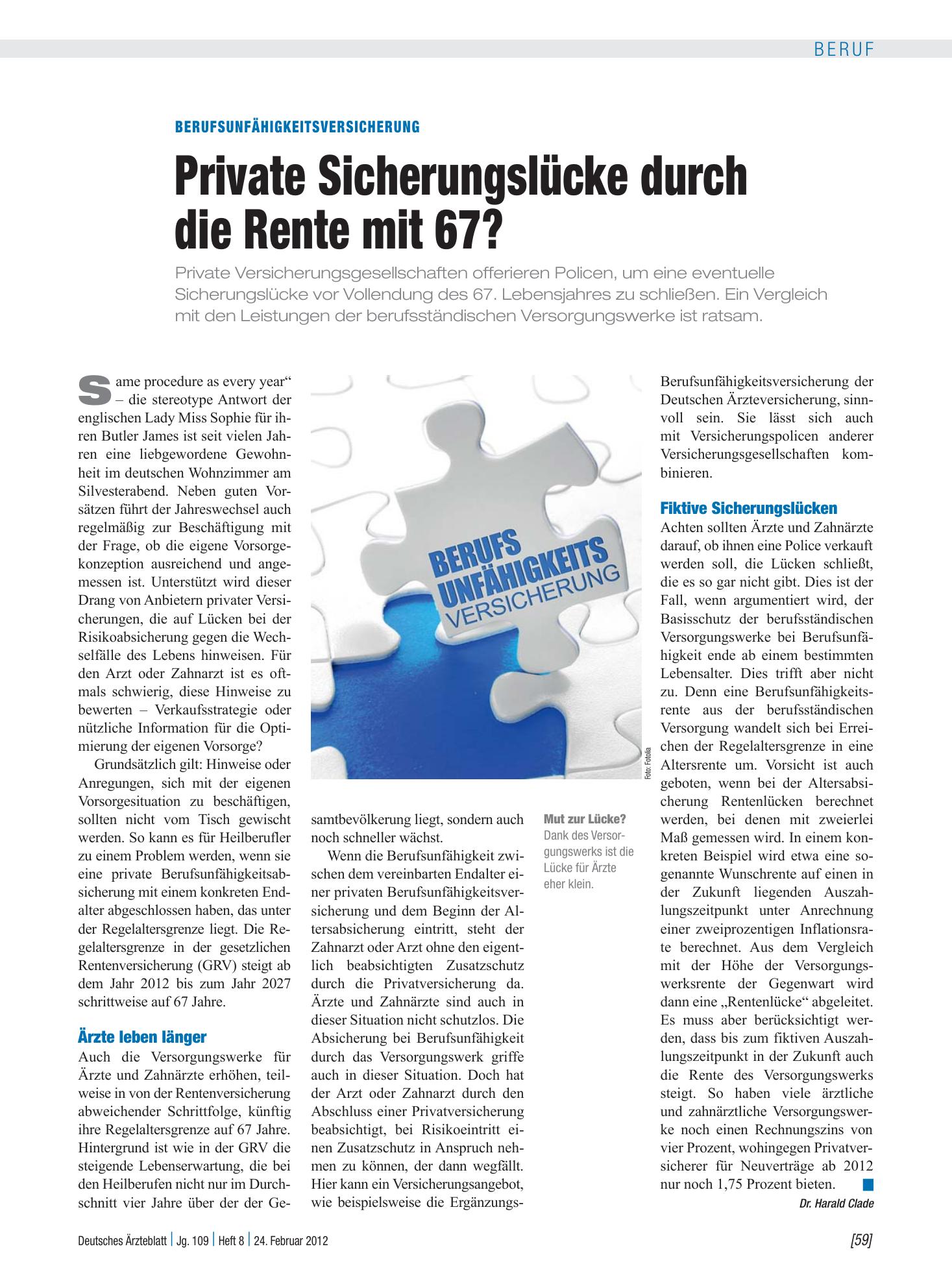 Vorschauseite 1: Berufsunfähigkeitsversicherung: Private Sicherungslücke durch die Rente mit 67? – Deutsches Ärzteblatt