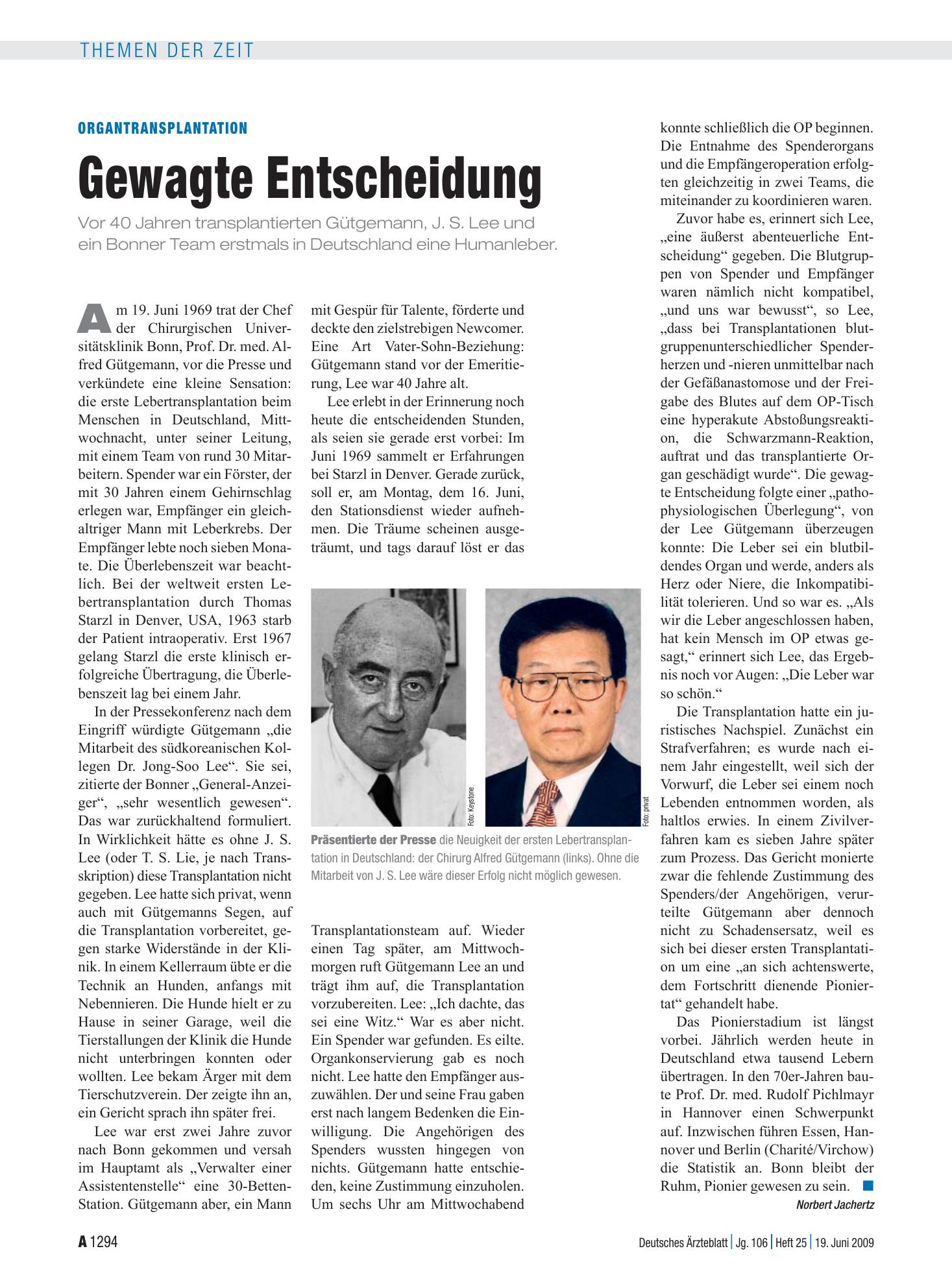 Vorschauseite 1: Organtransplantation: Gewagte Entscheidung – Deutsches Ärzteblatt