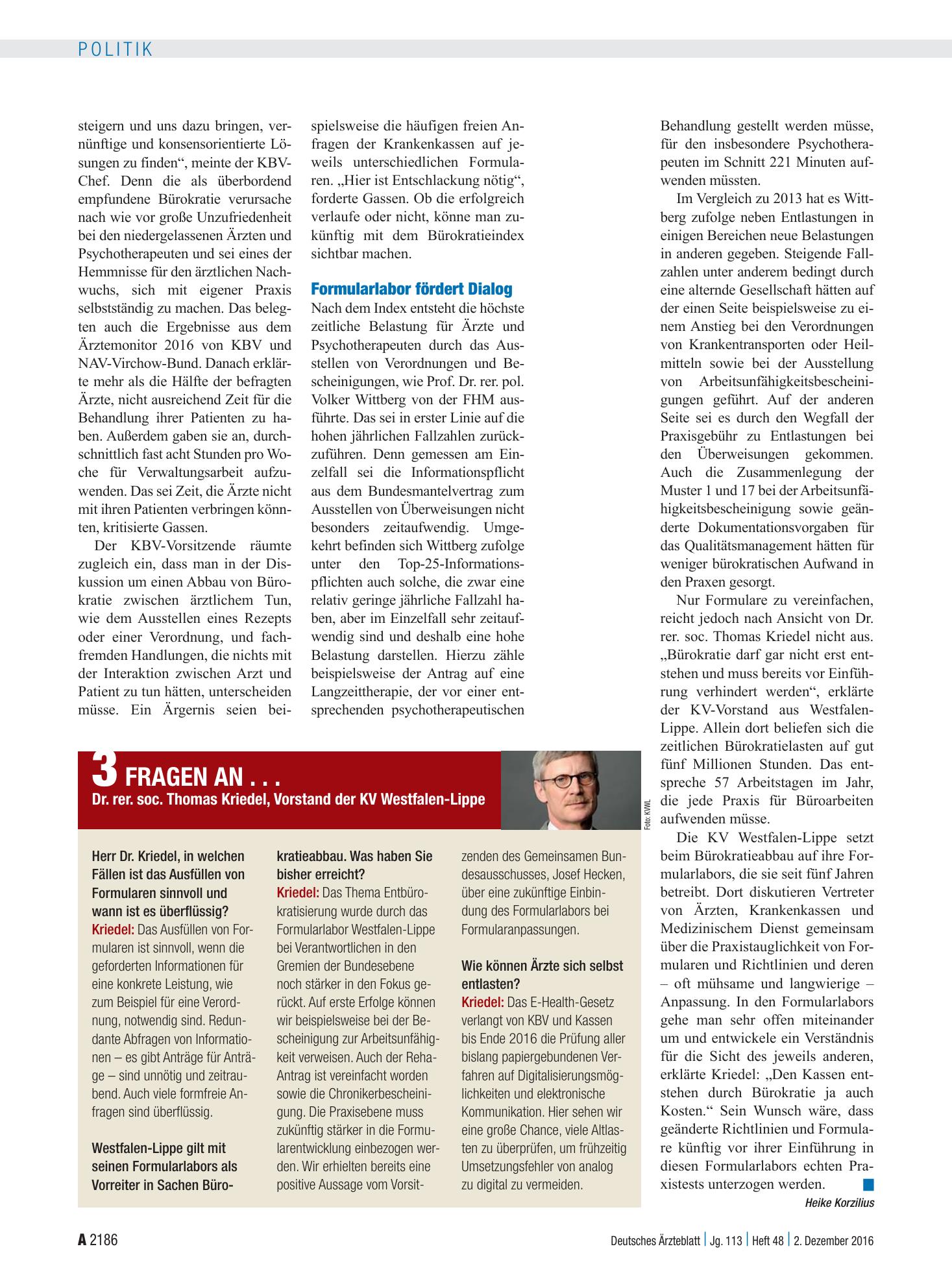 Vorschauseite 1: 3 Fragen an . . . Dr. rer. soc. Thomas Kriedel, Vorstand der KV Westfalen-Lippe – Deutsches Ärzteblatt