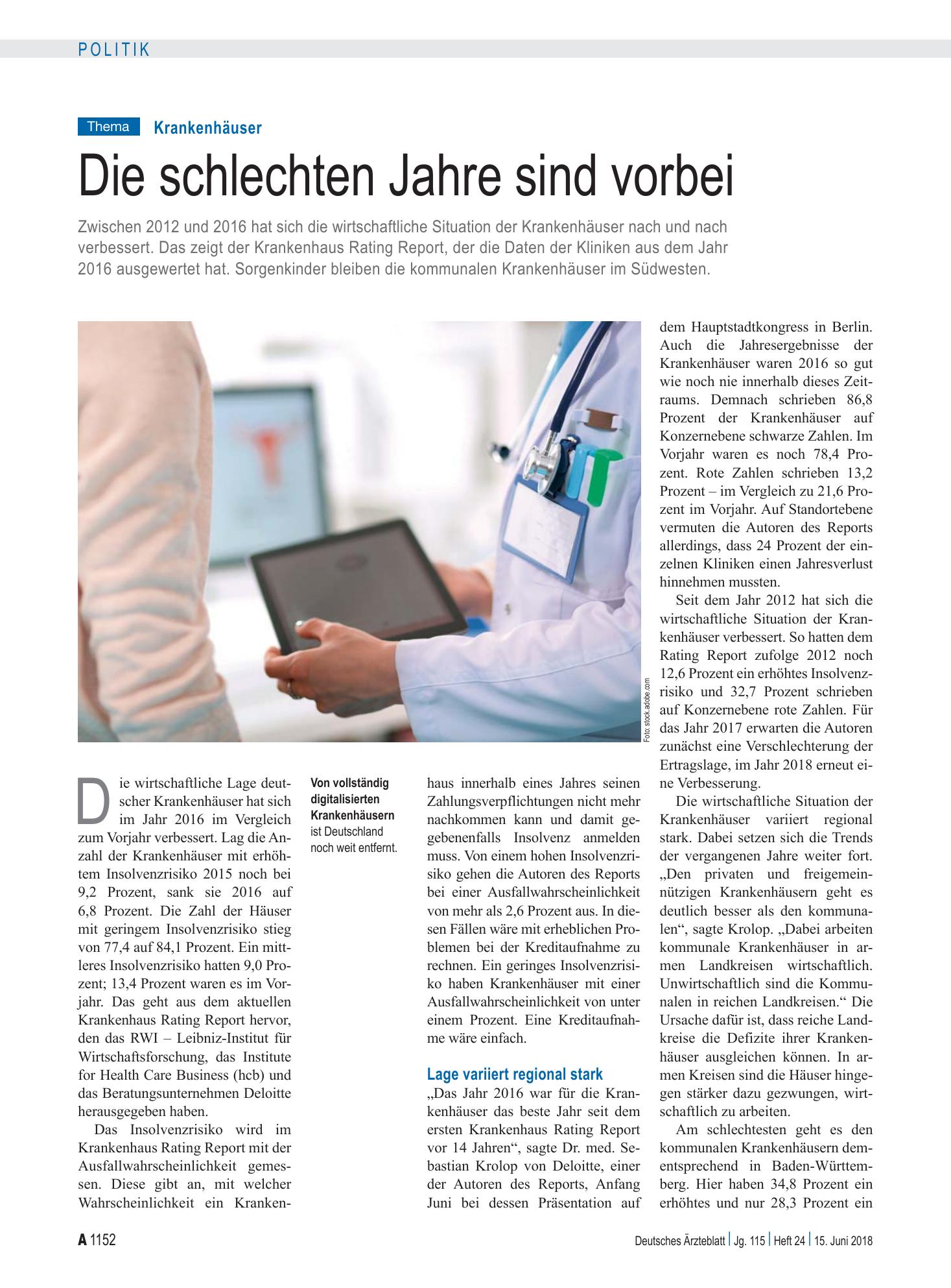 Vorschauseite 1: Krankenhäuser: Die schlechten Jahre sind vorbei – Deutsches Ärzteblatt