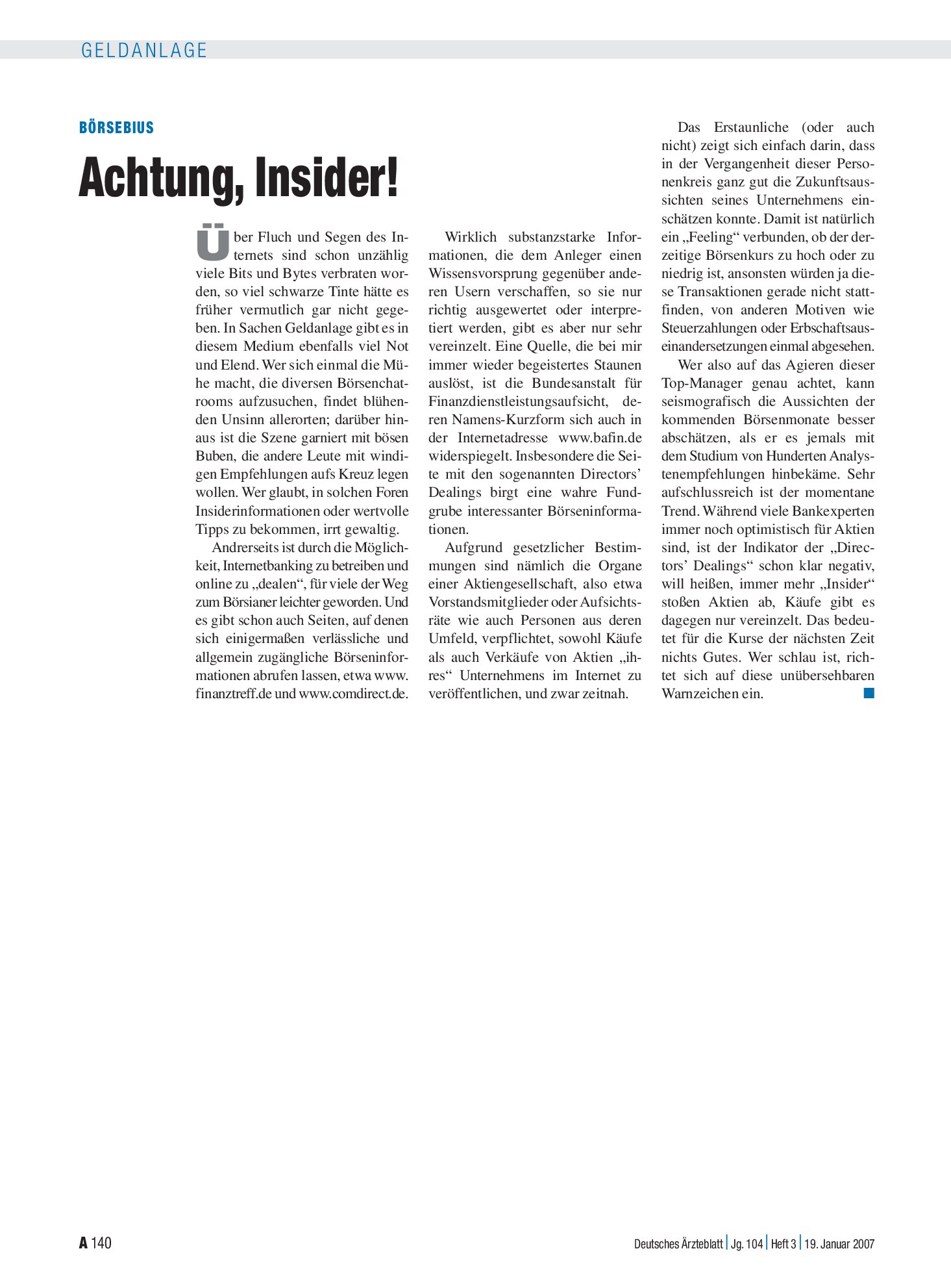Vorschauseite 1: Börsebius: Achtung, Insider! – Deutsches Ärzteblatt