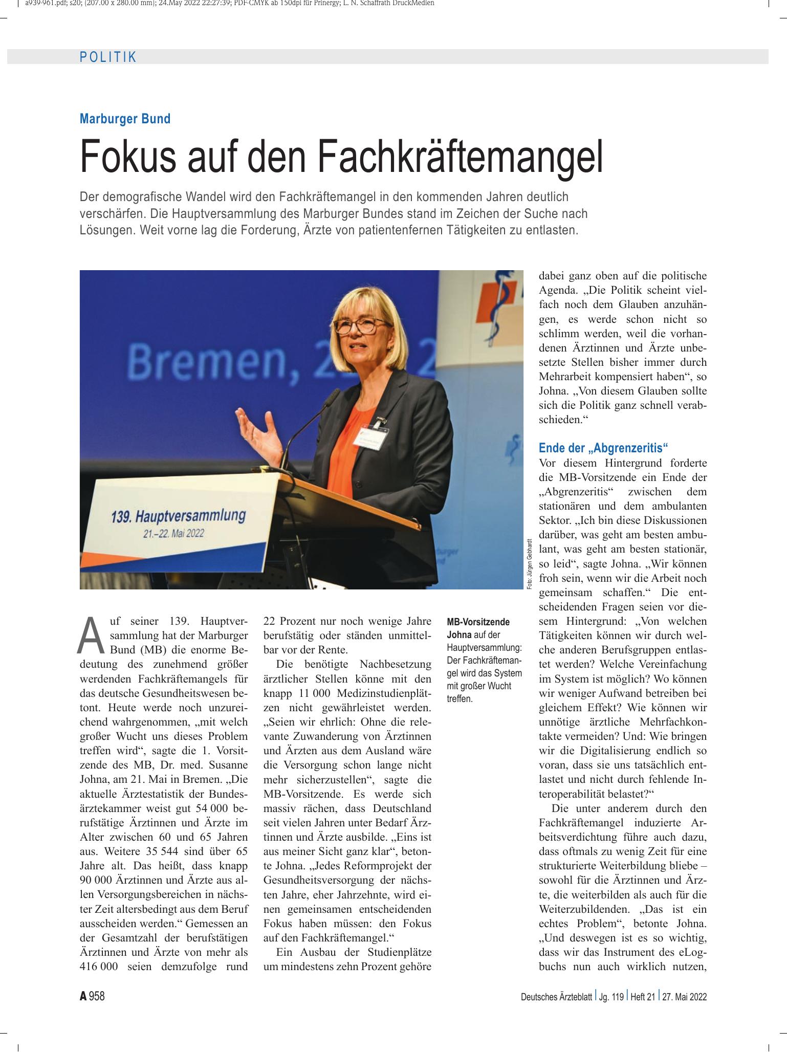 Vorschauseite 1: Marburger Bund: Fokus auf den Fachkräftemangel – Deutsches Ärzteblatt